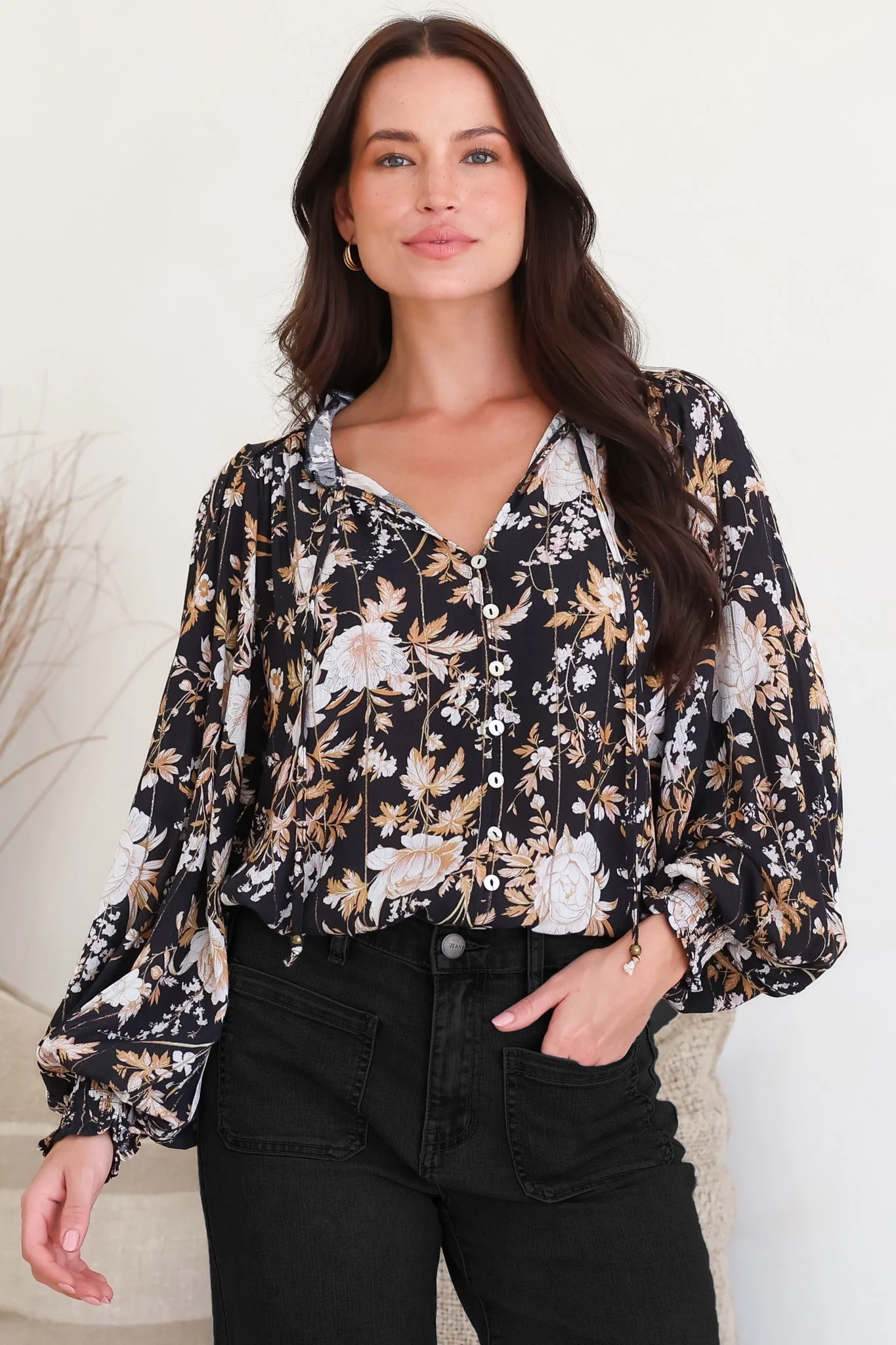 Moree Blouse - Frill Collar Neck Tie Button Down Shirt in Sorrento Print Black - Image 6