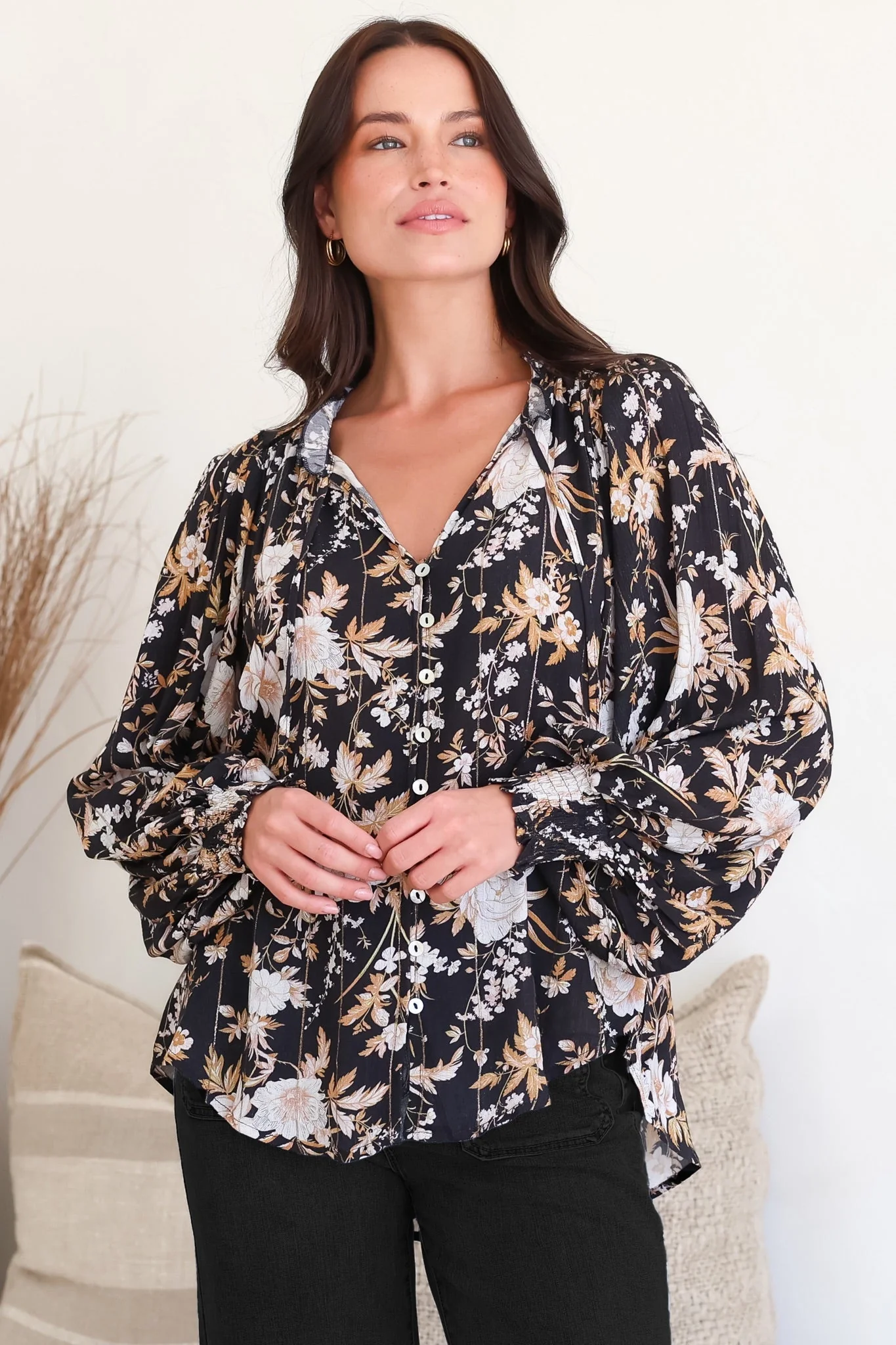 Moree Blouse - Frill Collar Neck Tie Button Down Shirt in Sorrento Print Black - Image 7