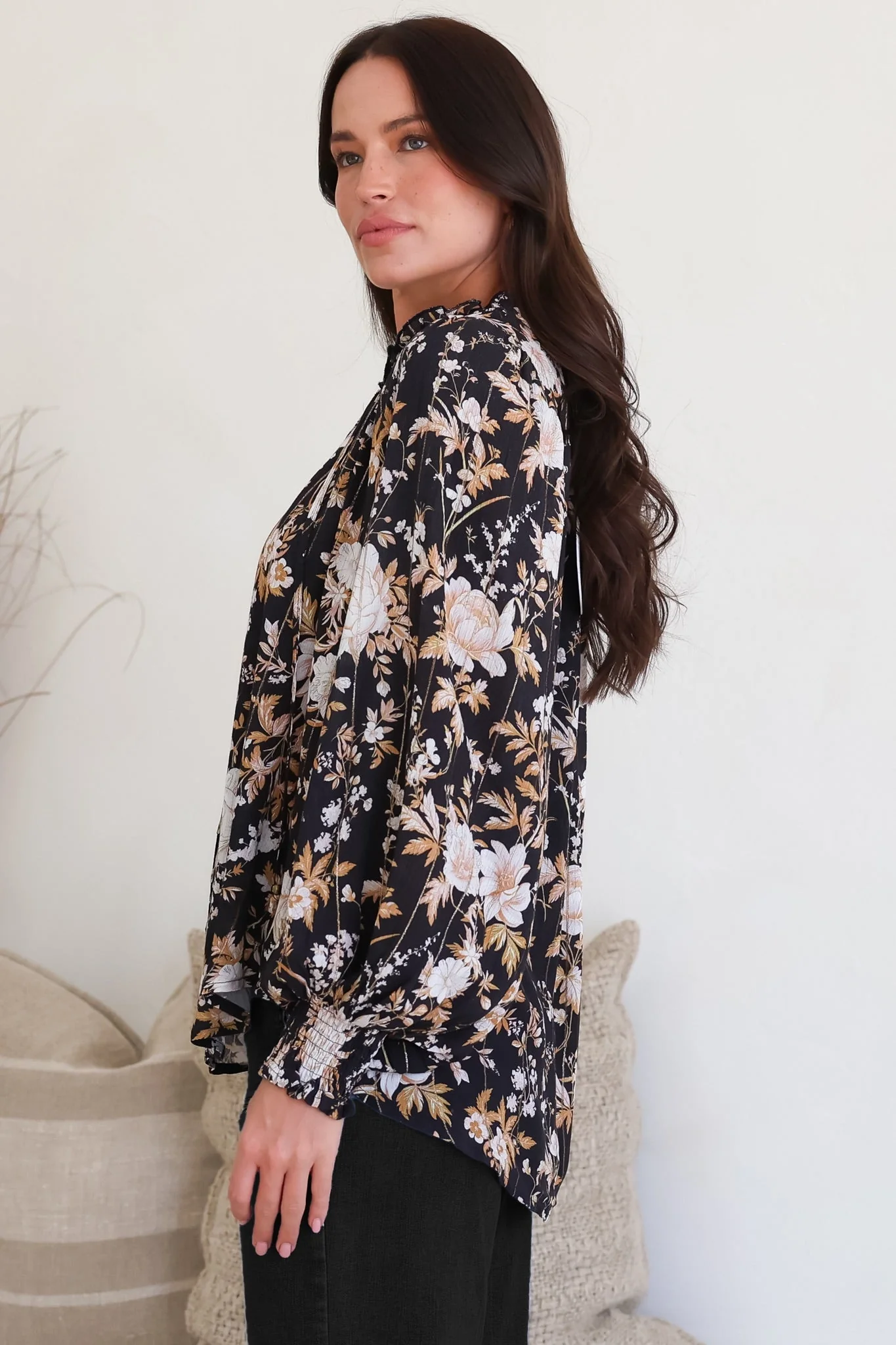 Moree Blouse - Frill Collar Neck Tie Button Down Shirt in Sorrento Print Black - Image 8