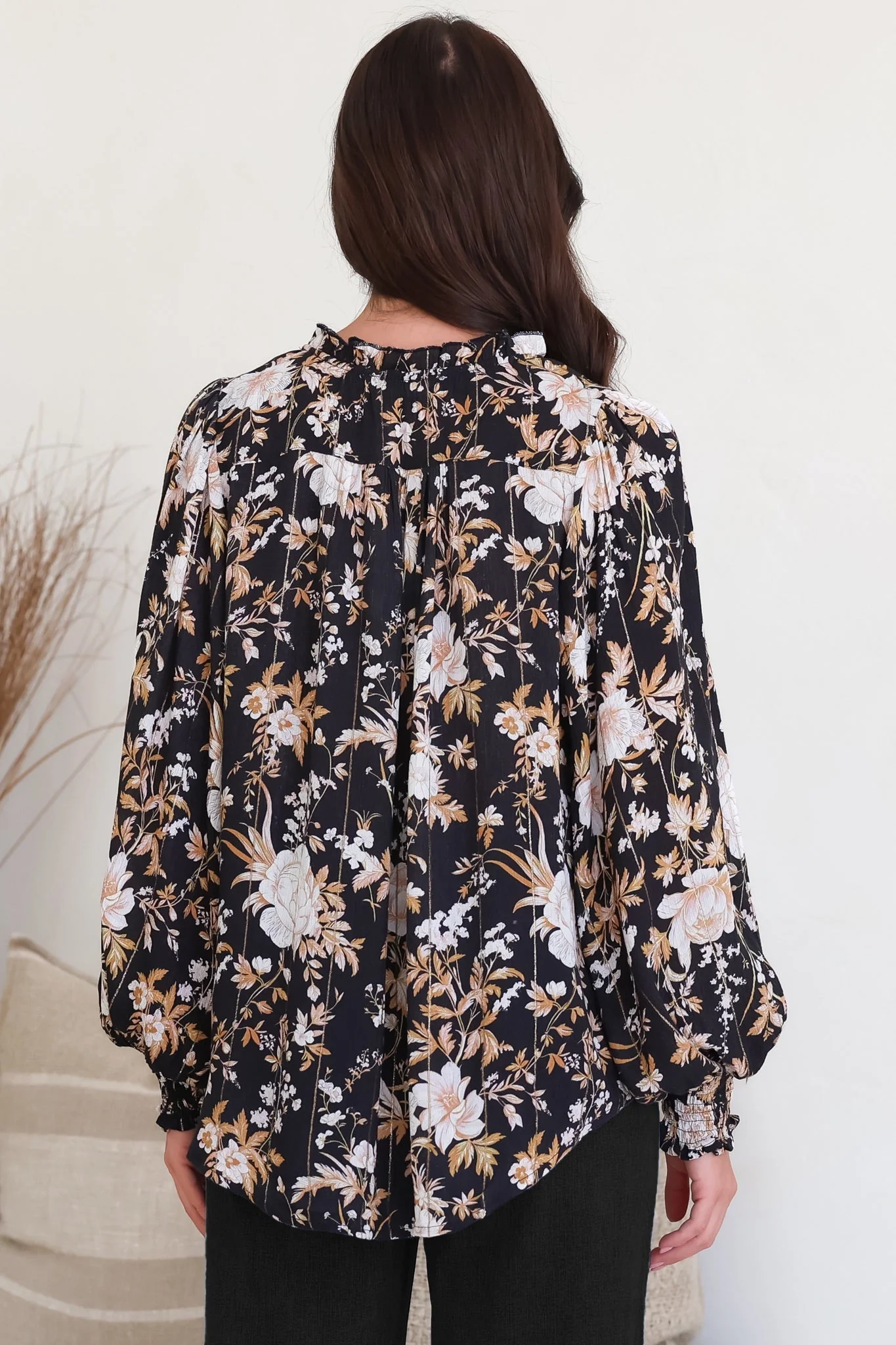 Moree Blouse - Frill Collar Neck Tie Button Down Shirt in Sorrento Print Black - Image 9