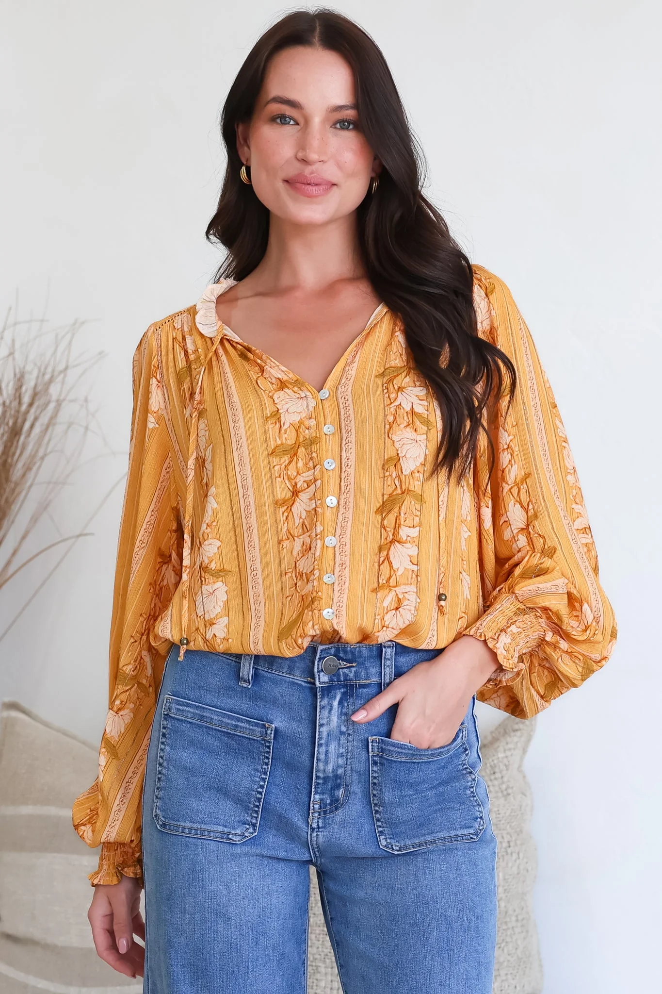 Moree Blouse - Frill Collar Neck Tie Button Down Shirt in Totema Print - Image 3