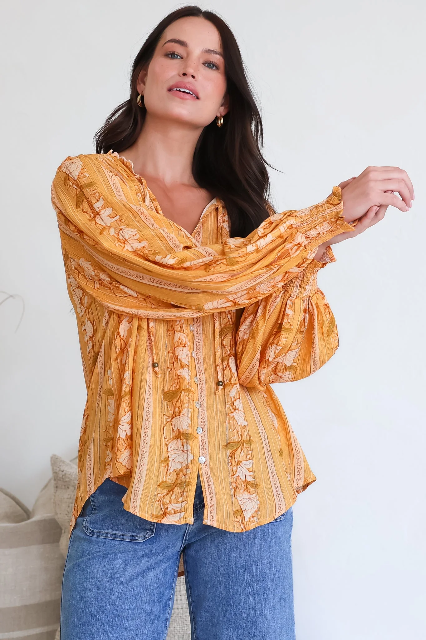 Moree Blouse - Frill Collar Neck Tie Button Down Shirt in Totema Print - Image 4