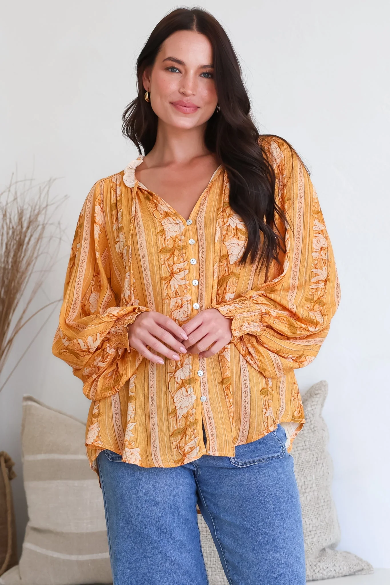 Moree Blouse - Frill Collar Neck Tie Button Down Shirt in Totema Print - Image 5