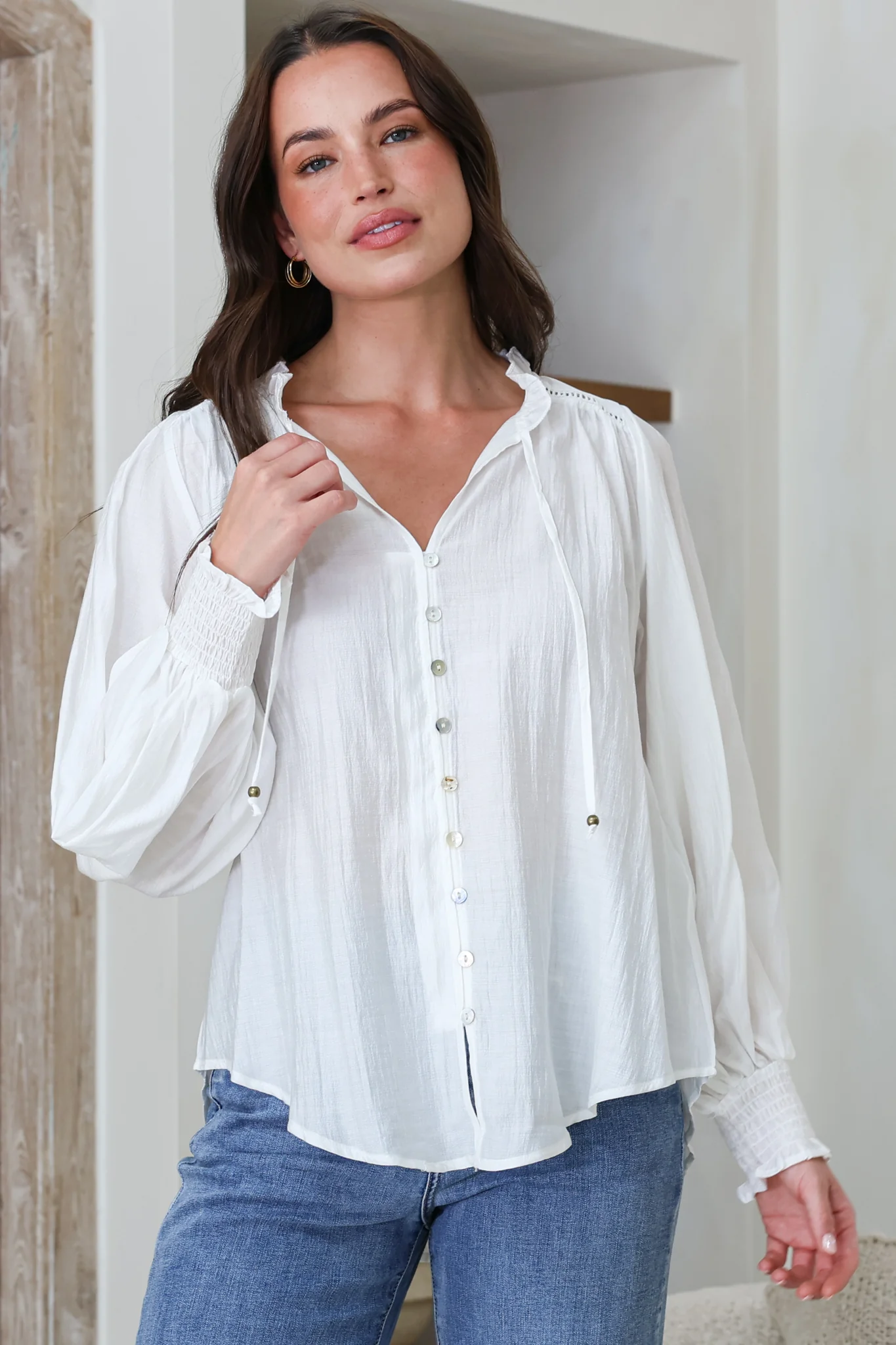 Moree Blouse - Frill Collar Neck Tie Button Down Shirt in White - Image 2
