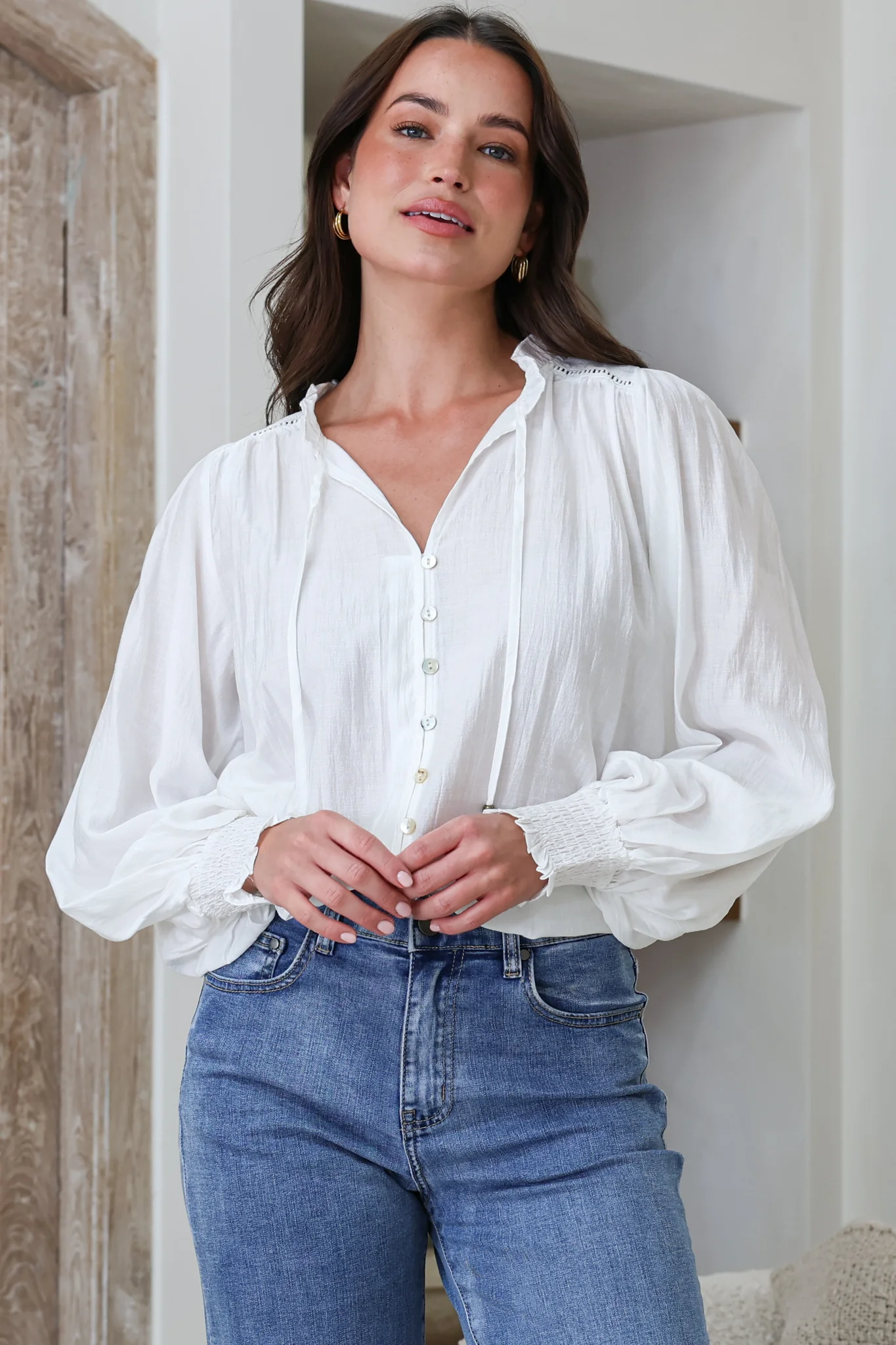 Moree Blouse - Frill Collar Neck Tie Button Down Shirt in White - Image 3