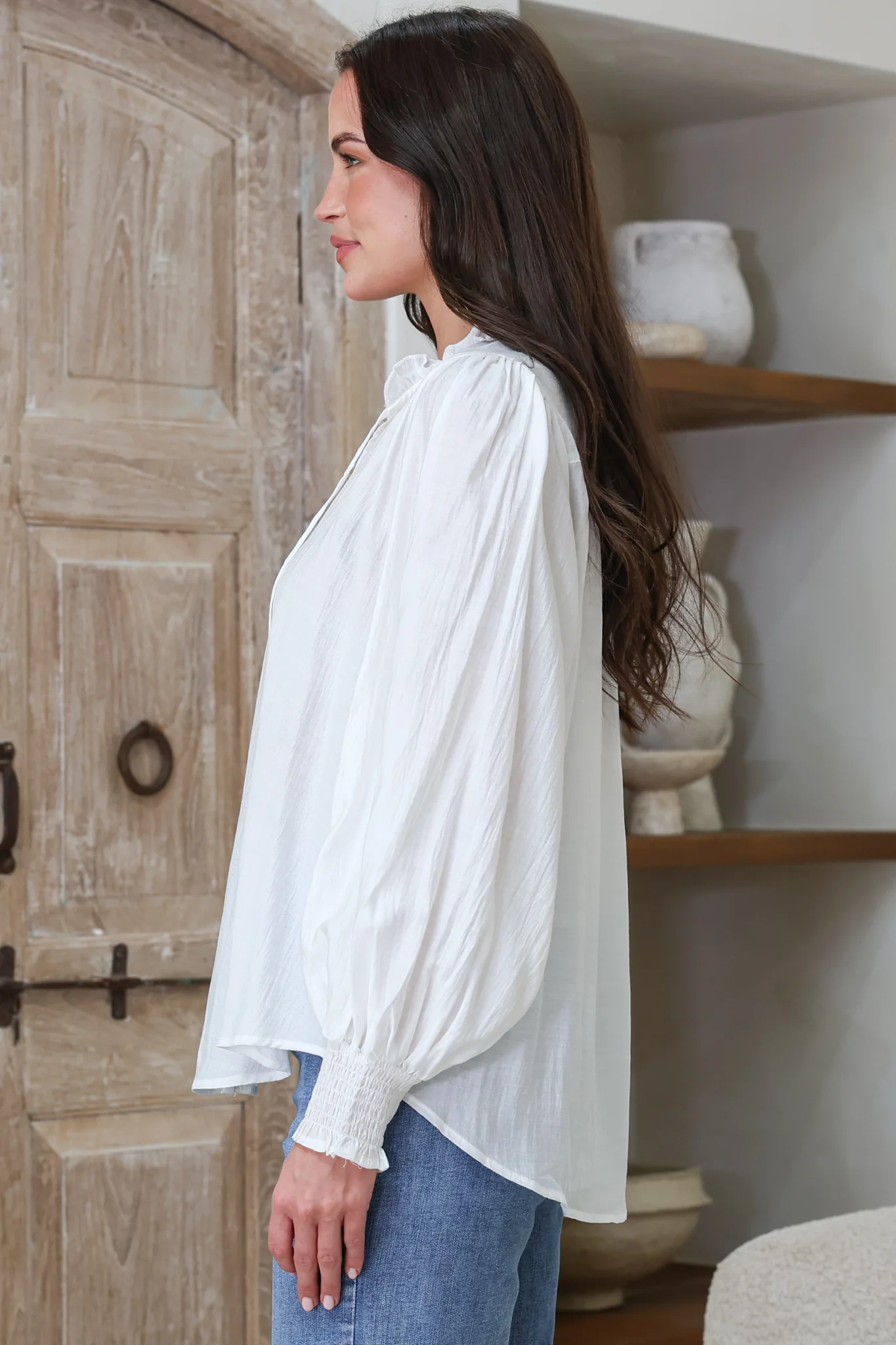 Moree Blouse - Frill Collar Neck Tie Button Down Shirt in White - Image 6