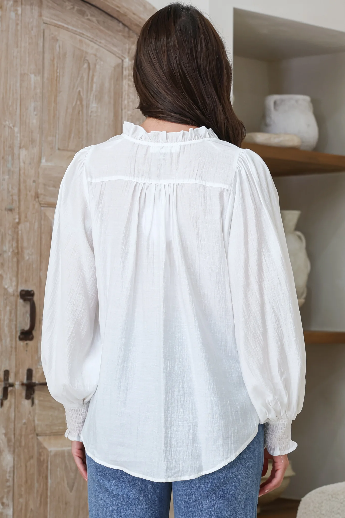 Moree Blouse - Frill Collar Neck Tie Button Down Shirt in White - Image 7