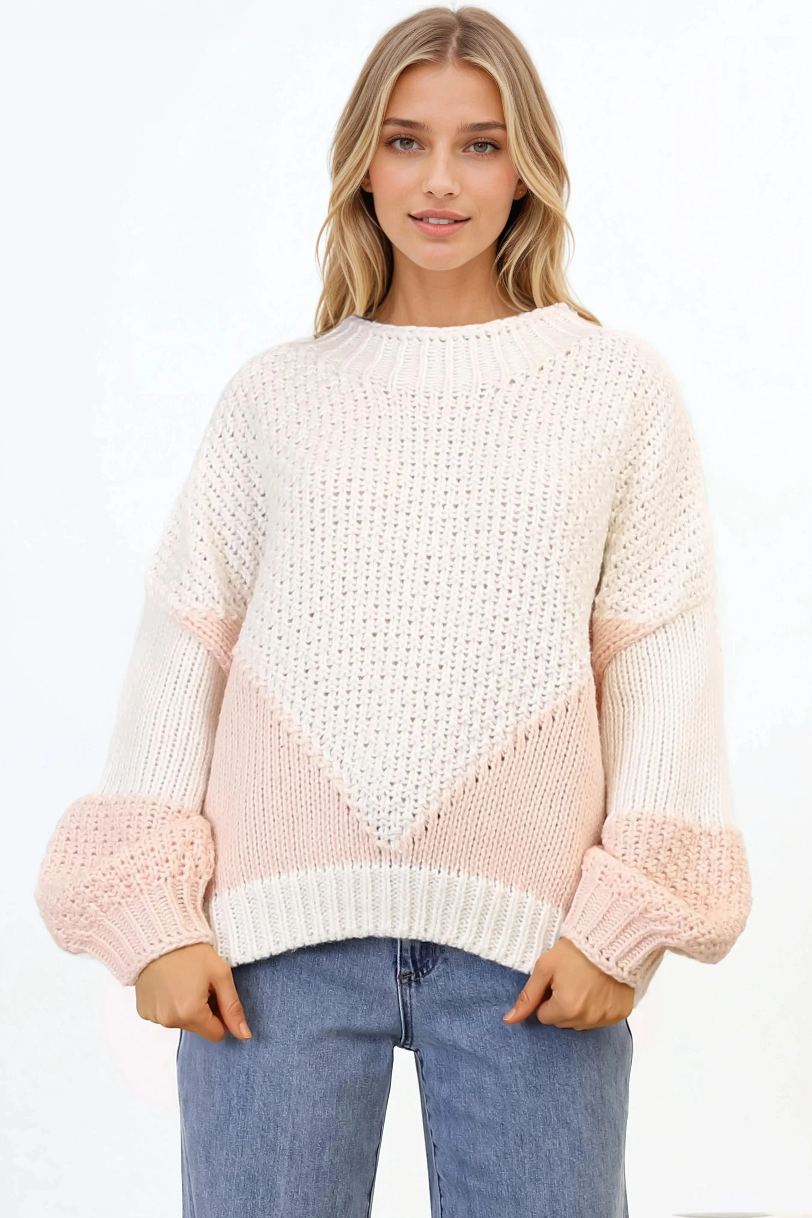 Morgan Jumper - Chunky High Neck Colour Block Knit Jumper in Cream Splice - Image 4