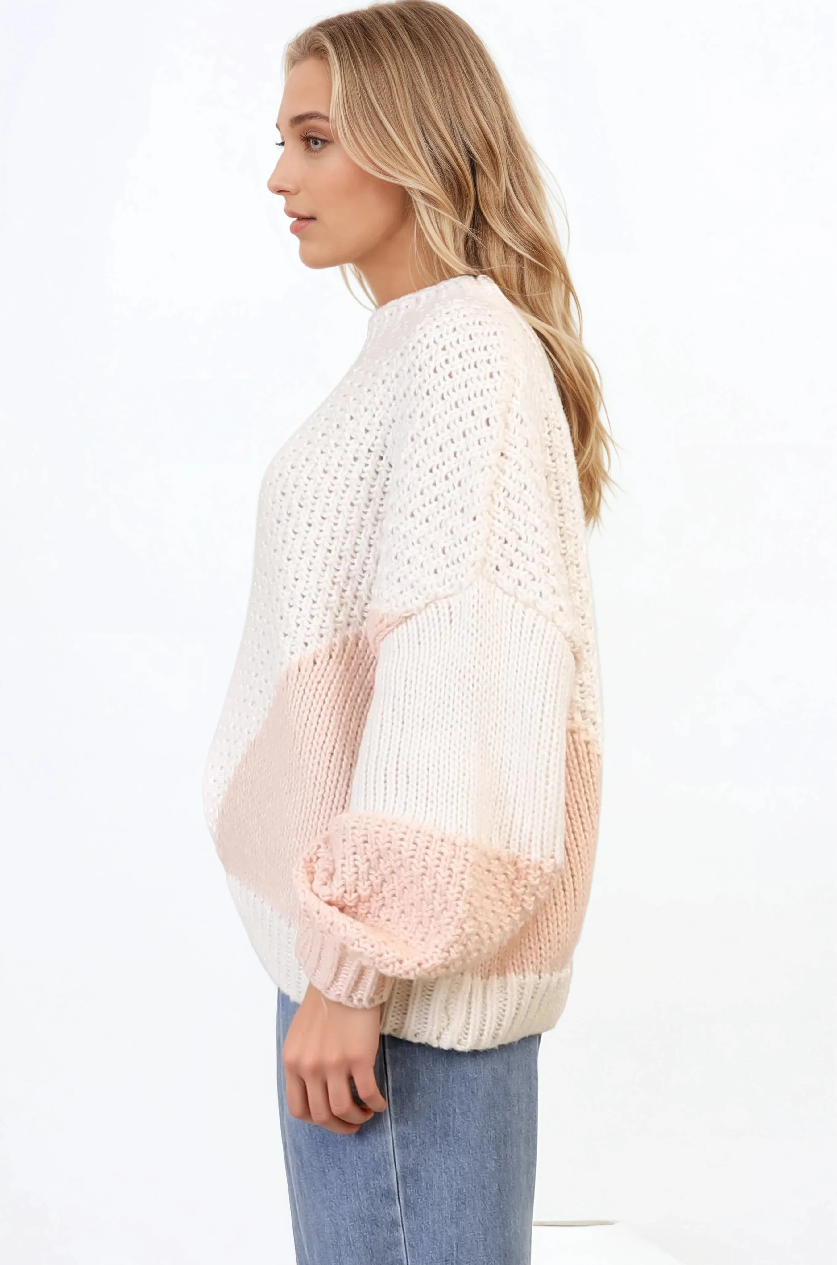 Morgan Jumper - Chunky High Neck Colour Block Knit Jumper in Cream Splice - Image 7