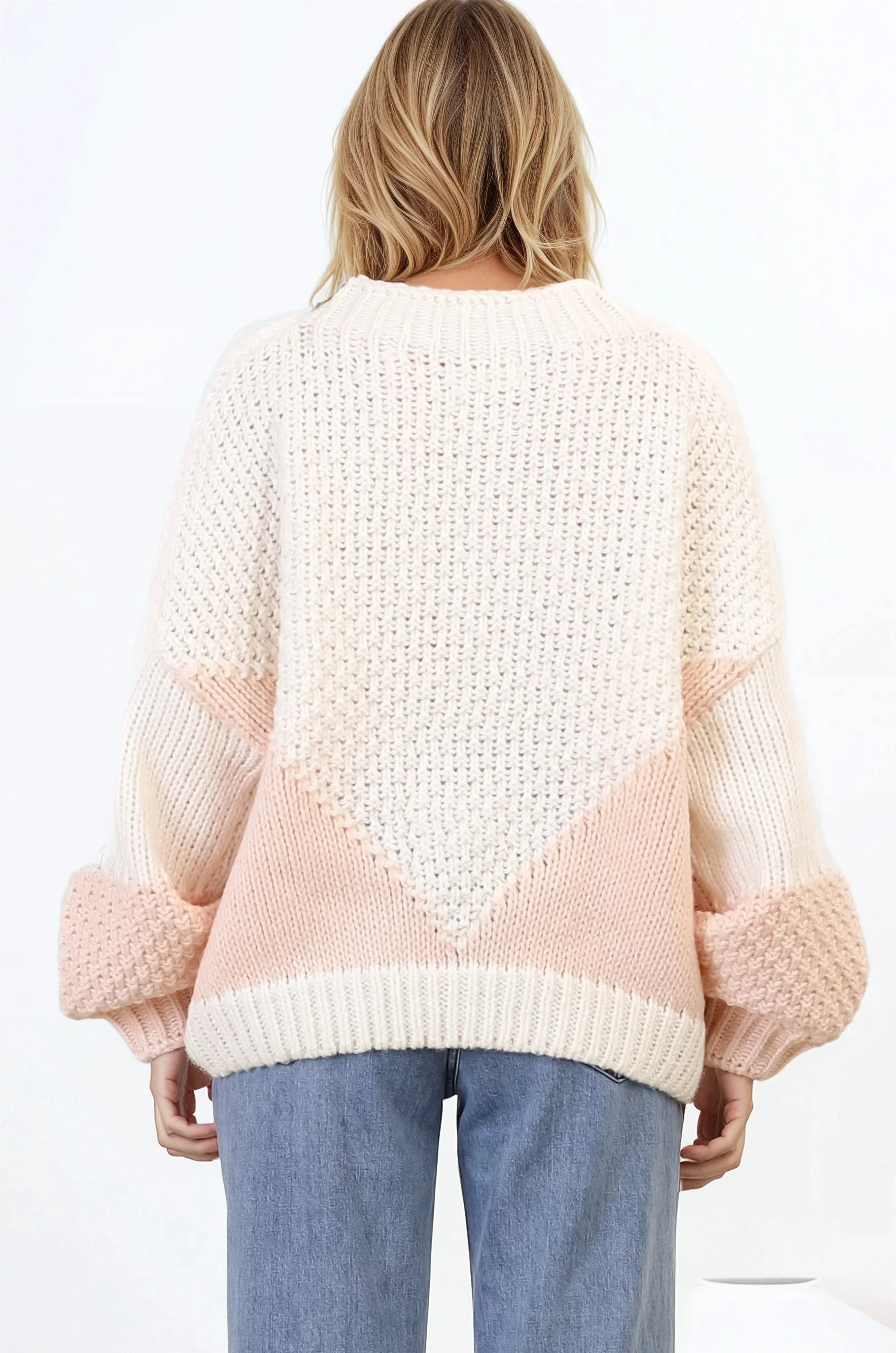 Morgan Jumper - Chunky High Neck Colour Block Knit Jumper in Cream Splice - Image 8