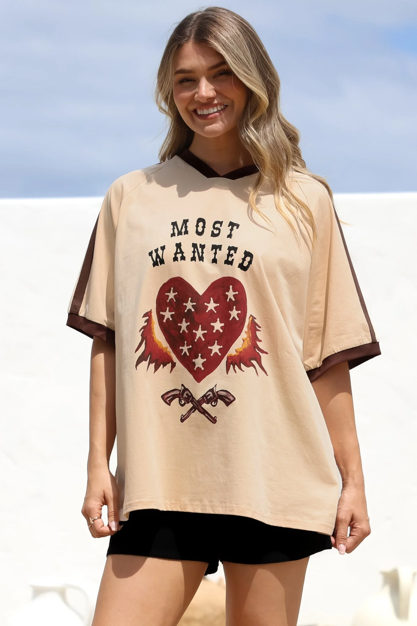 Most Wanted Tee - Graphic Print Short Sleeve T-Shirt with Racer Stripe Sleeves in Beige