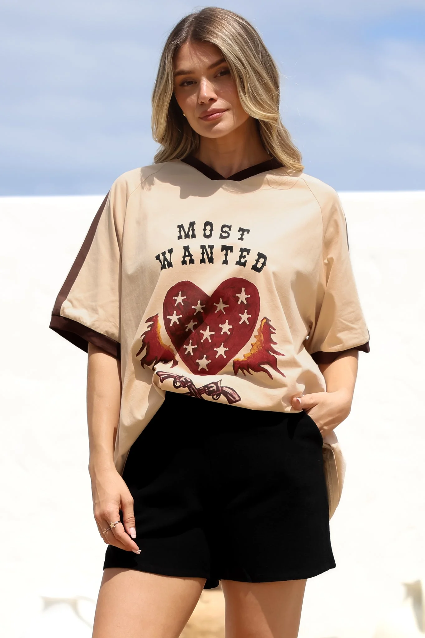 Most Wanted Tee - Graphic Print Short Sleeve T-Shirt with Racer Stripe Sleeves in Beige - Image 2
