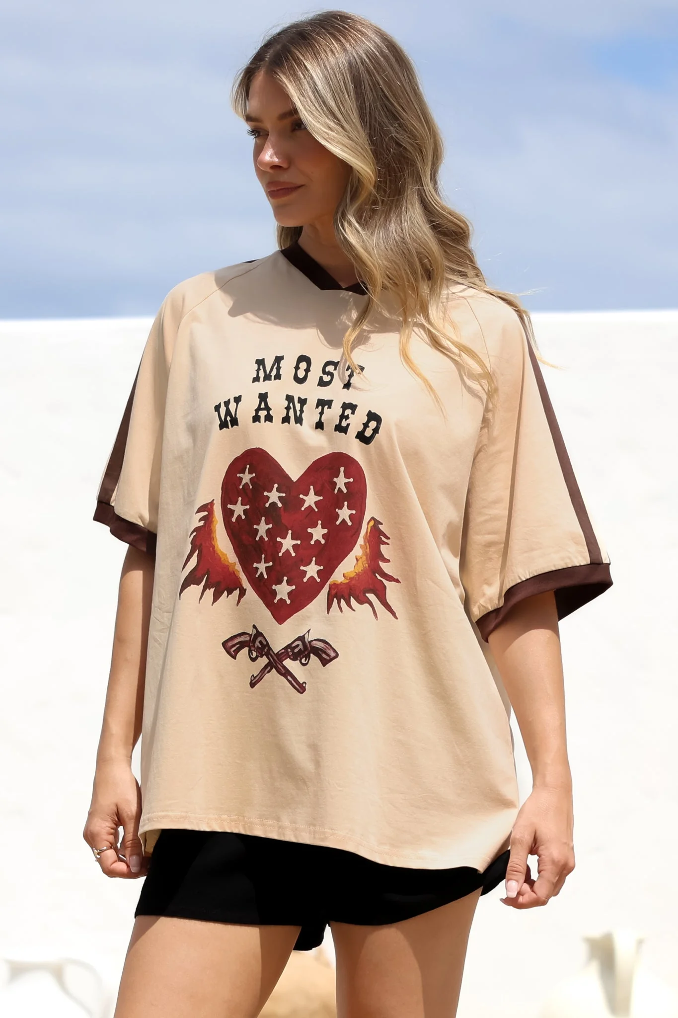 Most Wanted Tee - Graphic Print Short Sleeve T-Shirt with Racer Stripe Sleeves in Beige - Image 3