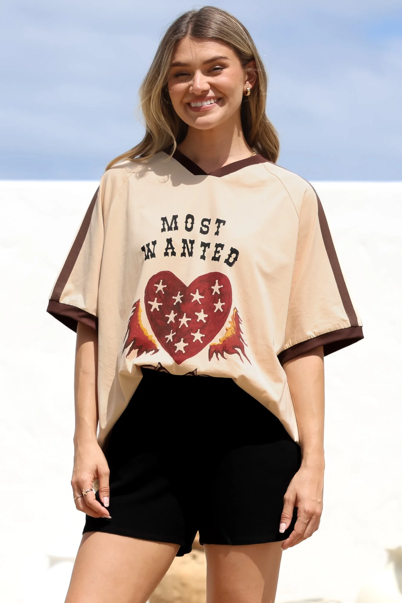 Most Wanted Tee - Graphic Print Short Sleeve T-Shirt with Racer Stripe Sleeves in Beige - Image 6