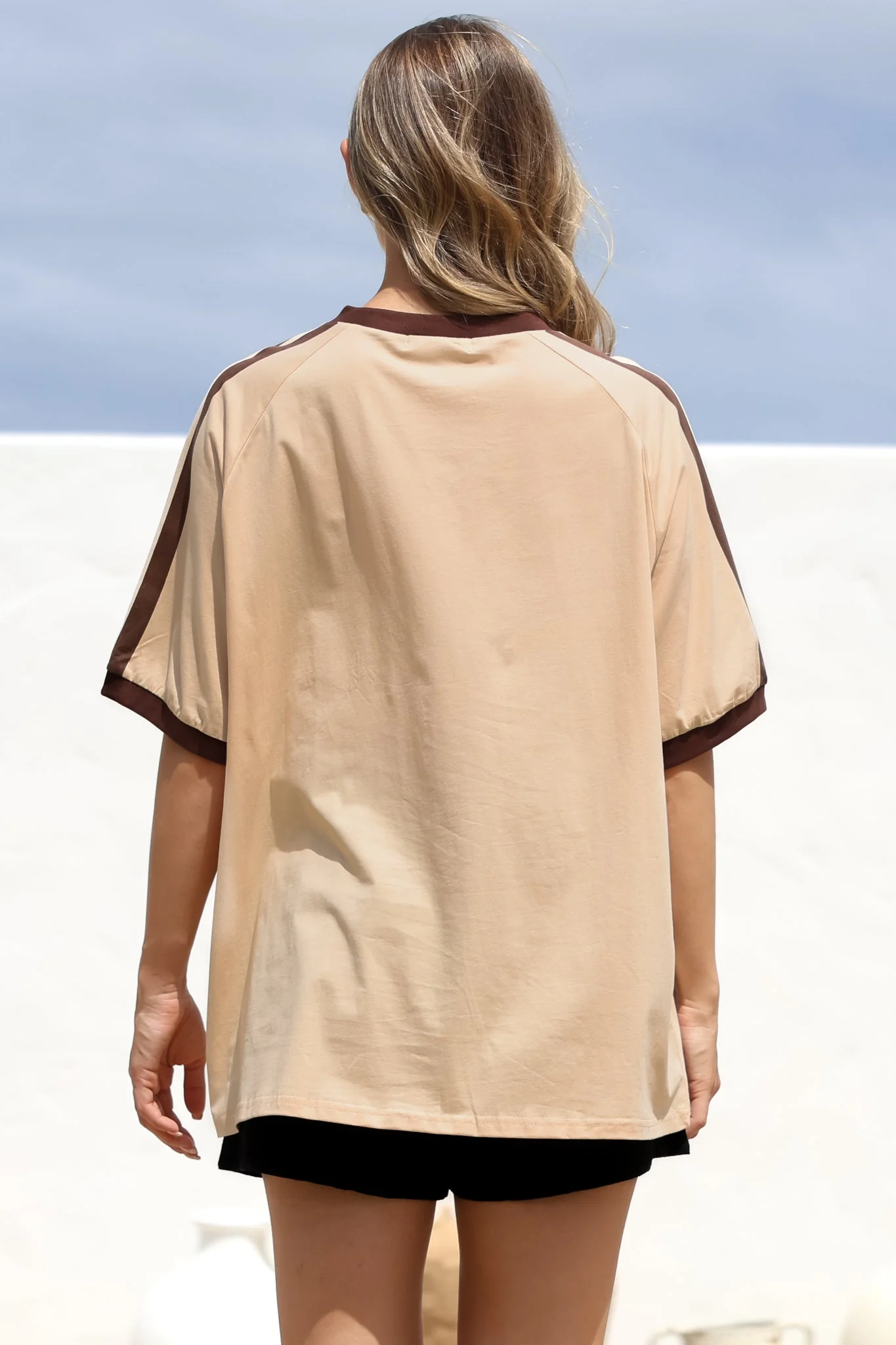 Most Wanted Tee - Graphic Print Short Sleeve T-Shirt with Racer Stripe Sleeves in Beige - Image 8