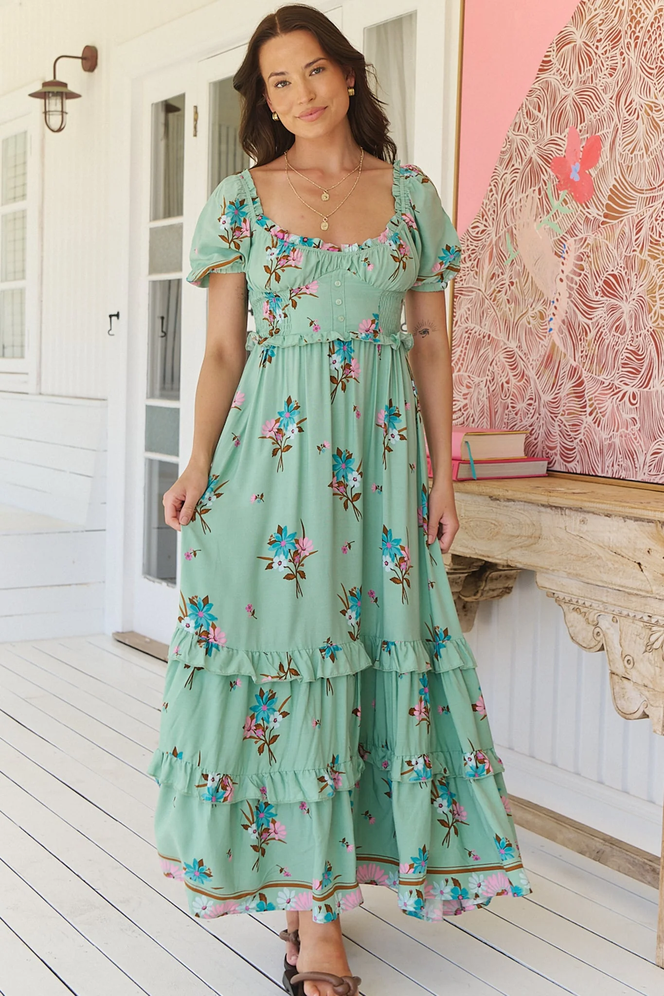 JAASE - Moyo Midi Dress: A-Line Dress with Frill Splicing and Milkmaid Neckline in Maribel Print