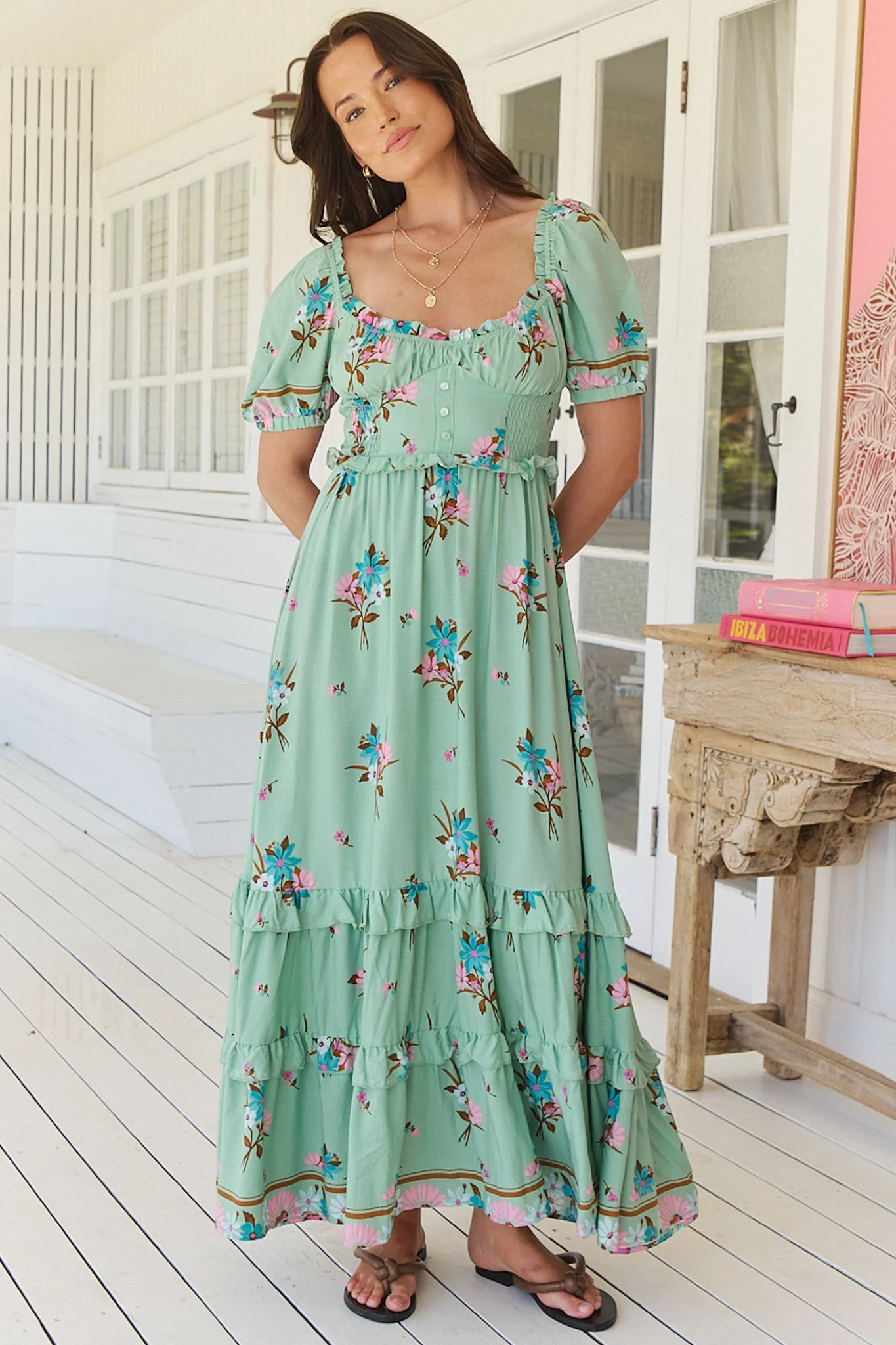 JAASE - Moyo Midi Dress: A-Line Dress with Frill Splicing and Milkmaid Neckline in Maribel Print - Image 2