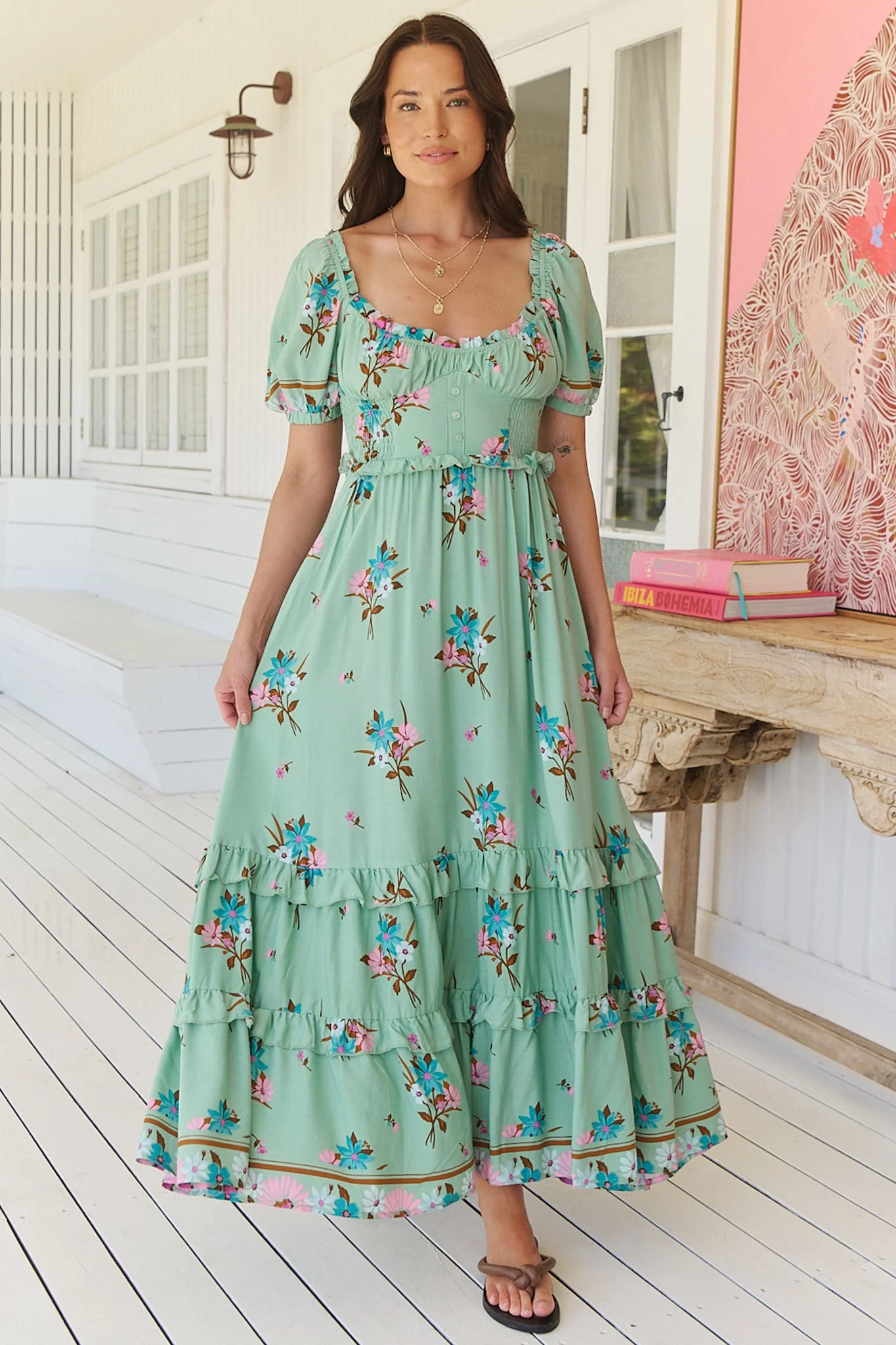 JAASE - Moyo Midi Dress: A-Line Dress with Frill Splicing and Milkmaid Neckline in Maribel Print - Image 4