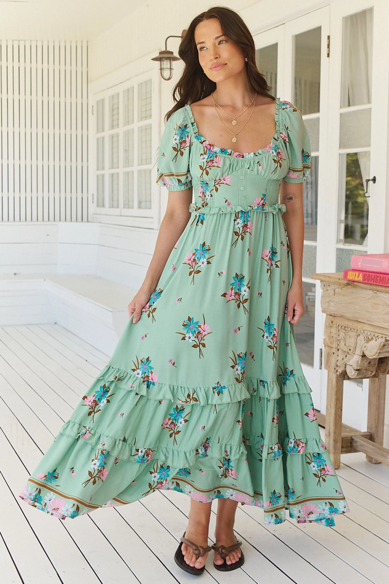 JAASE - Moyo Midi Dress: A-Line Dress with Frill Splicing and Milkmaid Neckline in Maribel Print - Image 6