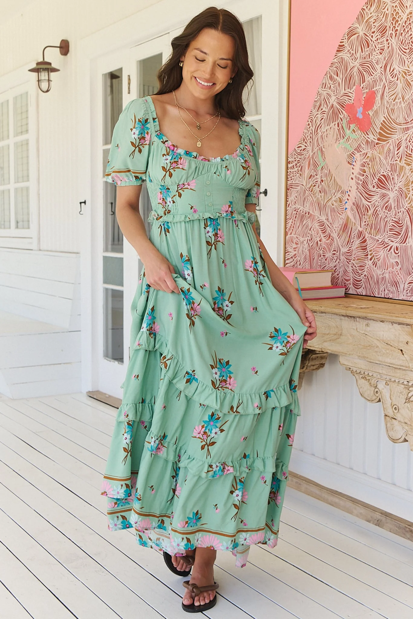 JAASE - Moyo Midi Dress: A-Line Dress with Frill Splicing and Milkmaid Neckline in Maribel Print - Image 7