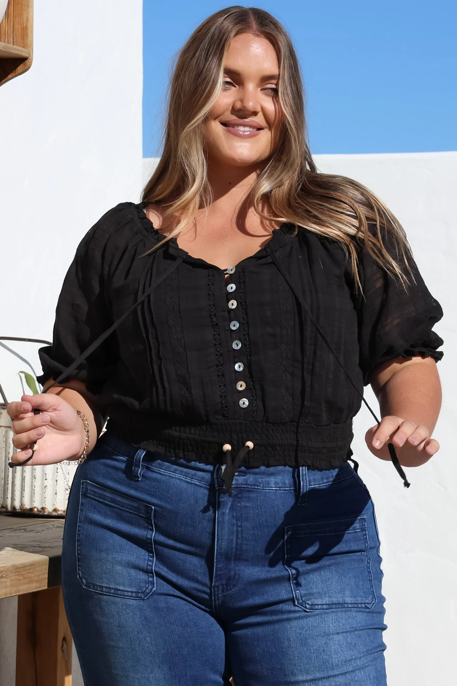 Nadiya Crop - Adjustable Neck and Hemline Crop with Pleating Details in Black - Image 4
