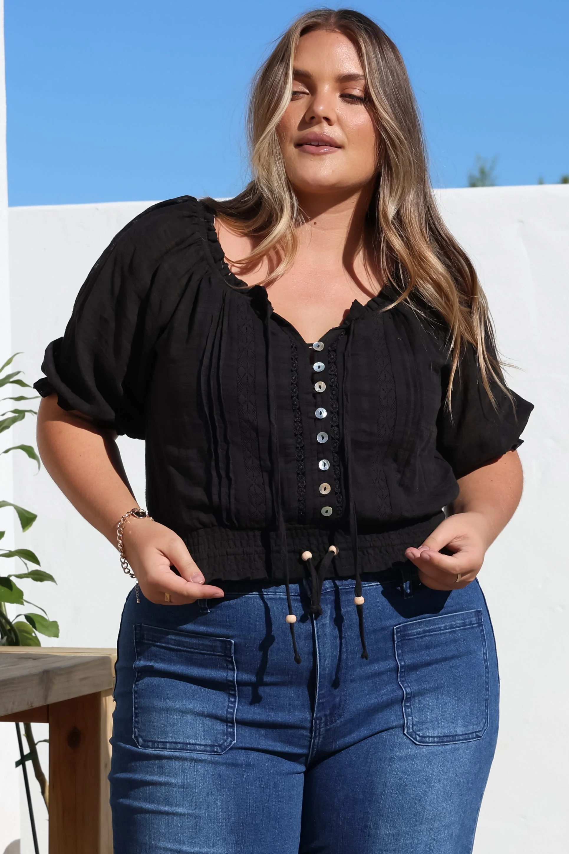 Nadiya Crop - Adjustable Neck and Hemline Crop with Pleating Details in Black - Image 8