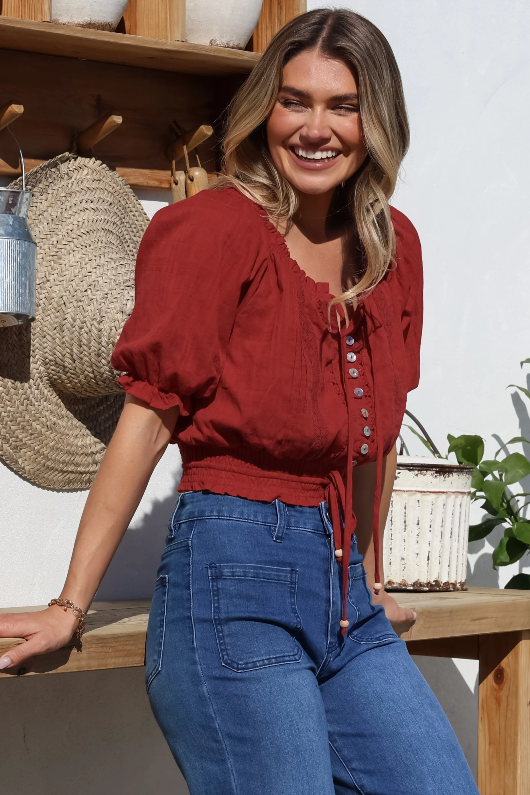 Nadiya Crop - Adjustable Neck and Hemline Crop with Pleating Details in Rust - Image 10