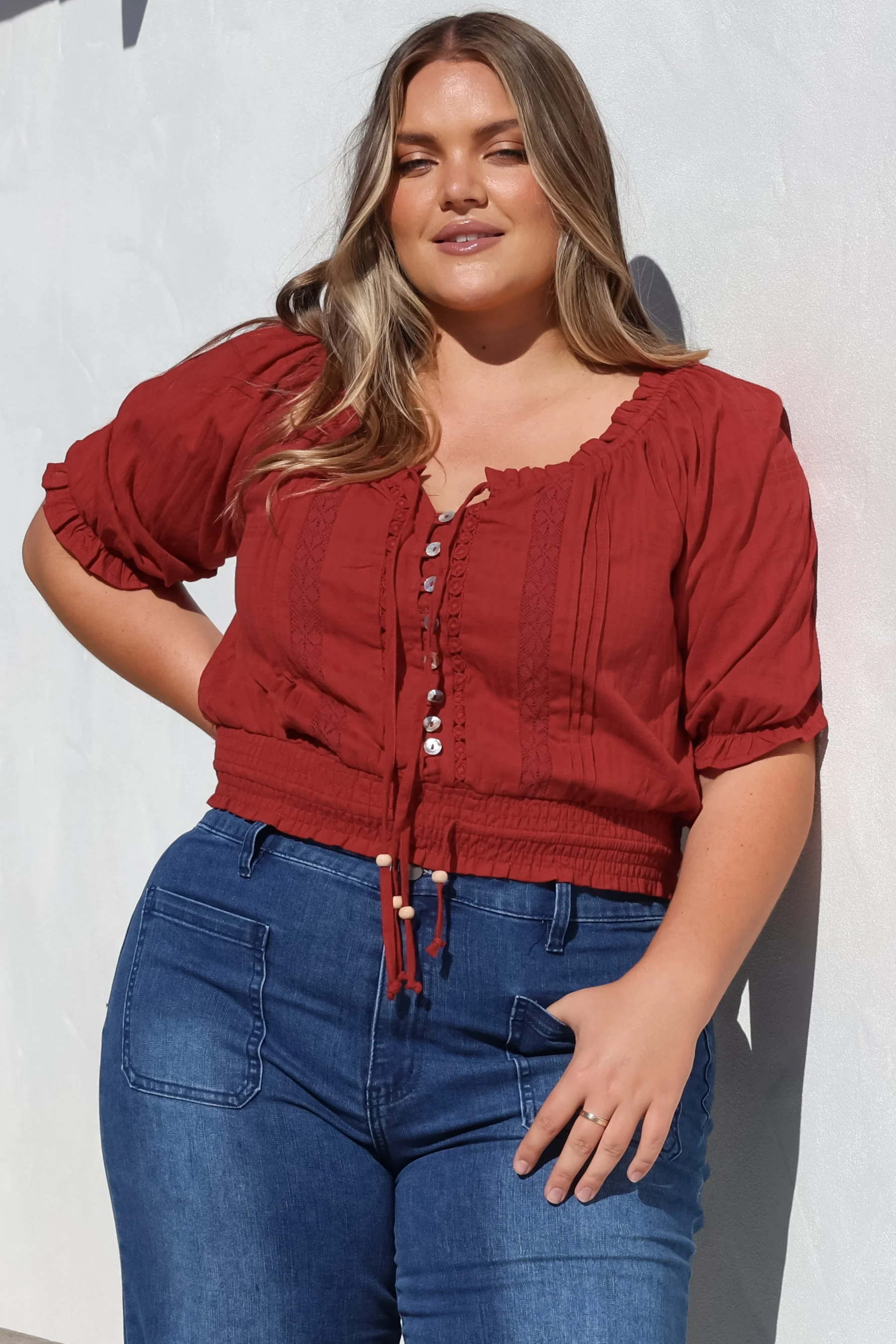 Nadiya Crop - Adjustable Neck and Hemline Crop with Pleating Details in Rust - Image 11
