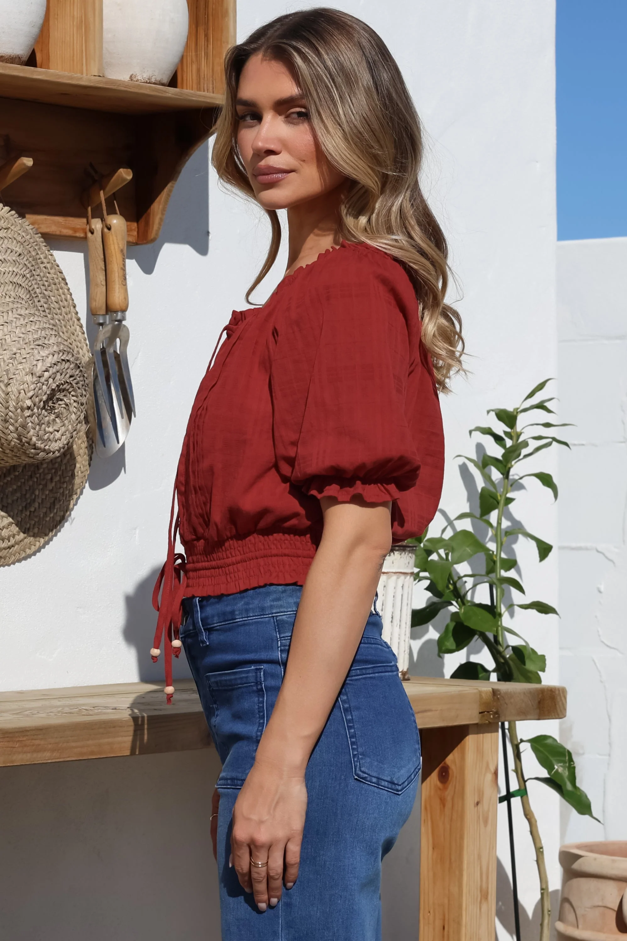 Nadiya Crop - Adjustable Neck and Hemline Crop with Pleating Details in Rust - Image 12