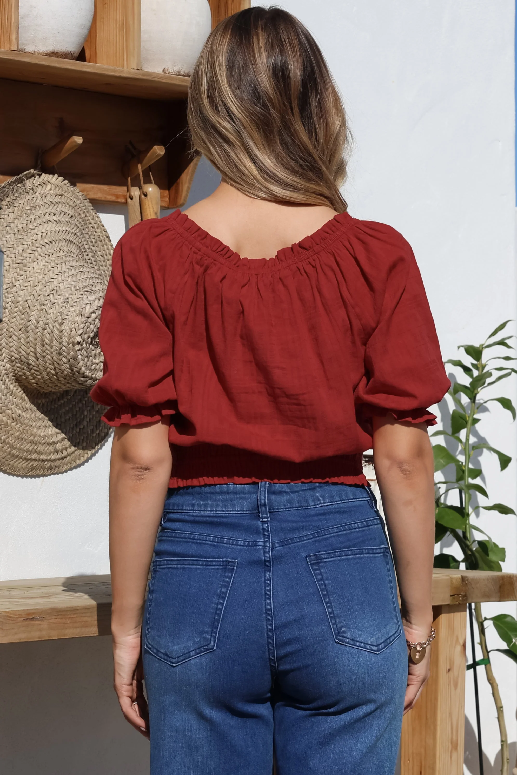 Nadiya Crop - Adjustable Neck and Hemline Crop with Pleating Details in Rust - Image 13