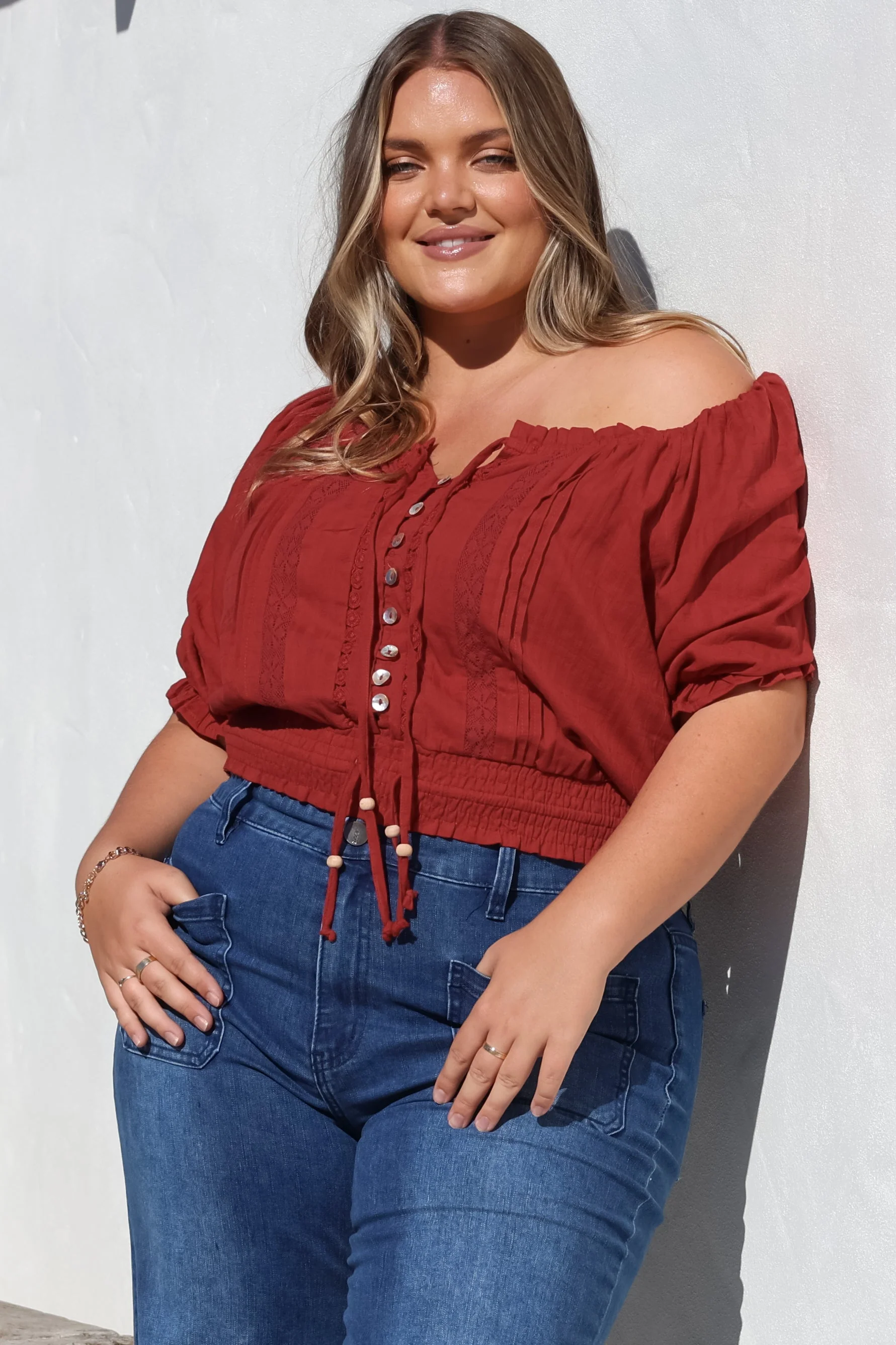 Nadiya Crop - Adjustable Neck and Hemline Crop with Pleating Details in Rust - Image 2