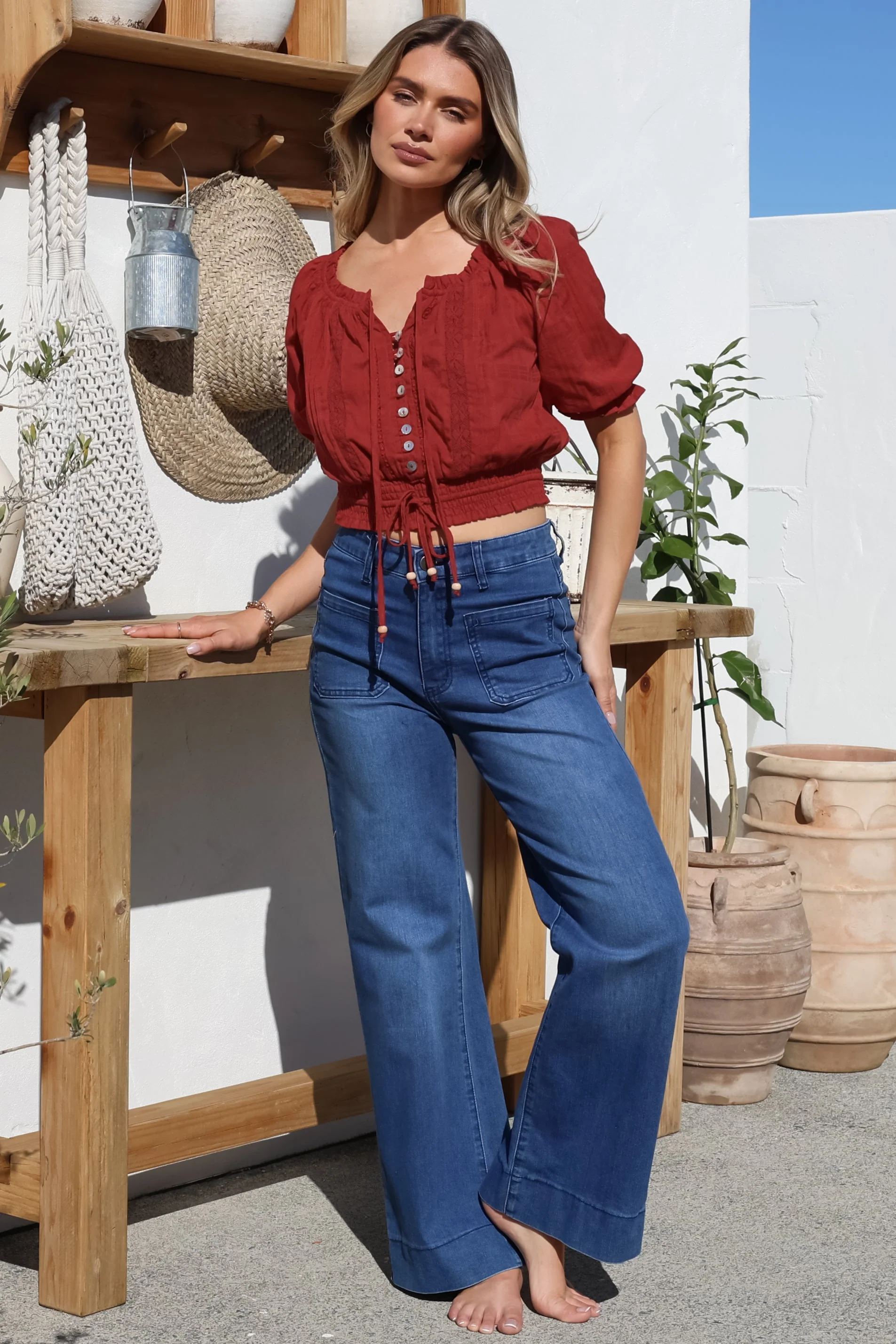 Nadiya Crop - Adjustable Neck and Hemline Crop with Pleating Details in Rust - Image 3