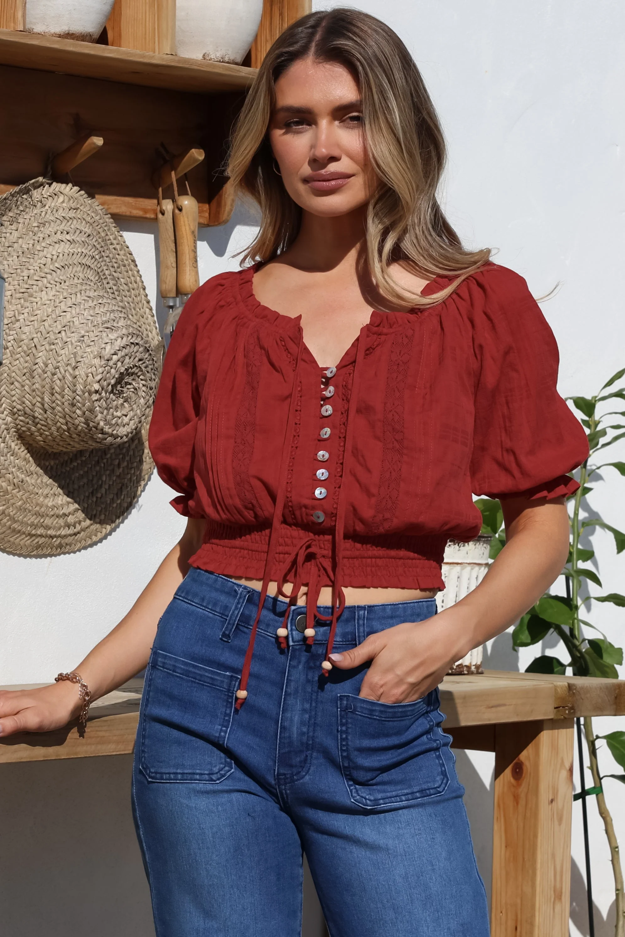 Nadiya Crop - Adjustable Neck and Hemline Crop with Pleating Details in Rust - Image 4
