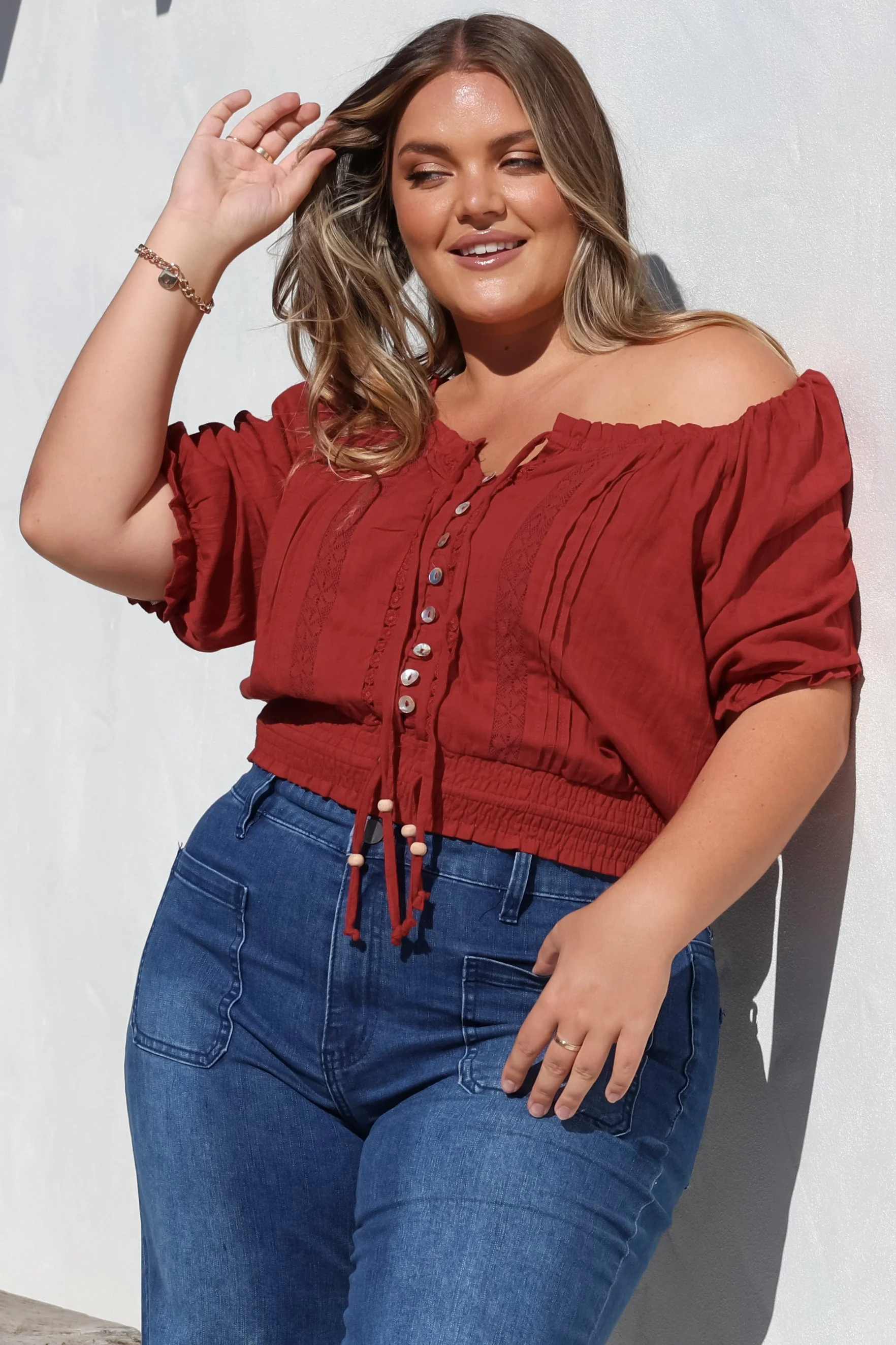 Nadiya Crop - Adjustable Neck and Hemline Crop with Pleating Details in Rust - Image 5