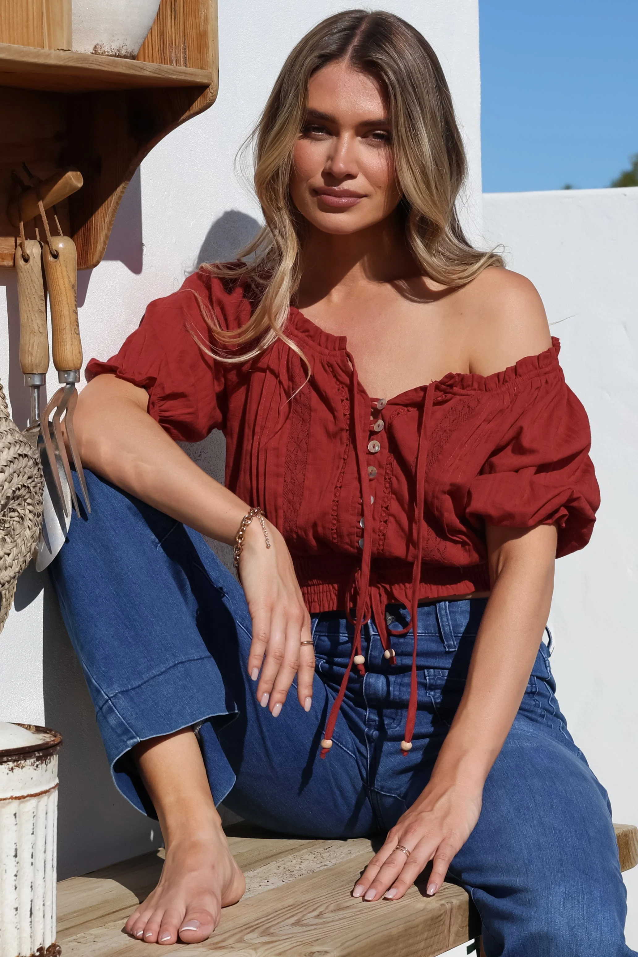 Nadiya Crop - Adjustable Neck and Hemline Crop with Pleating Details in Rust - Image 6