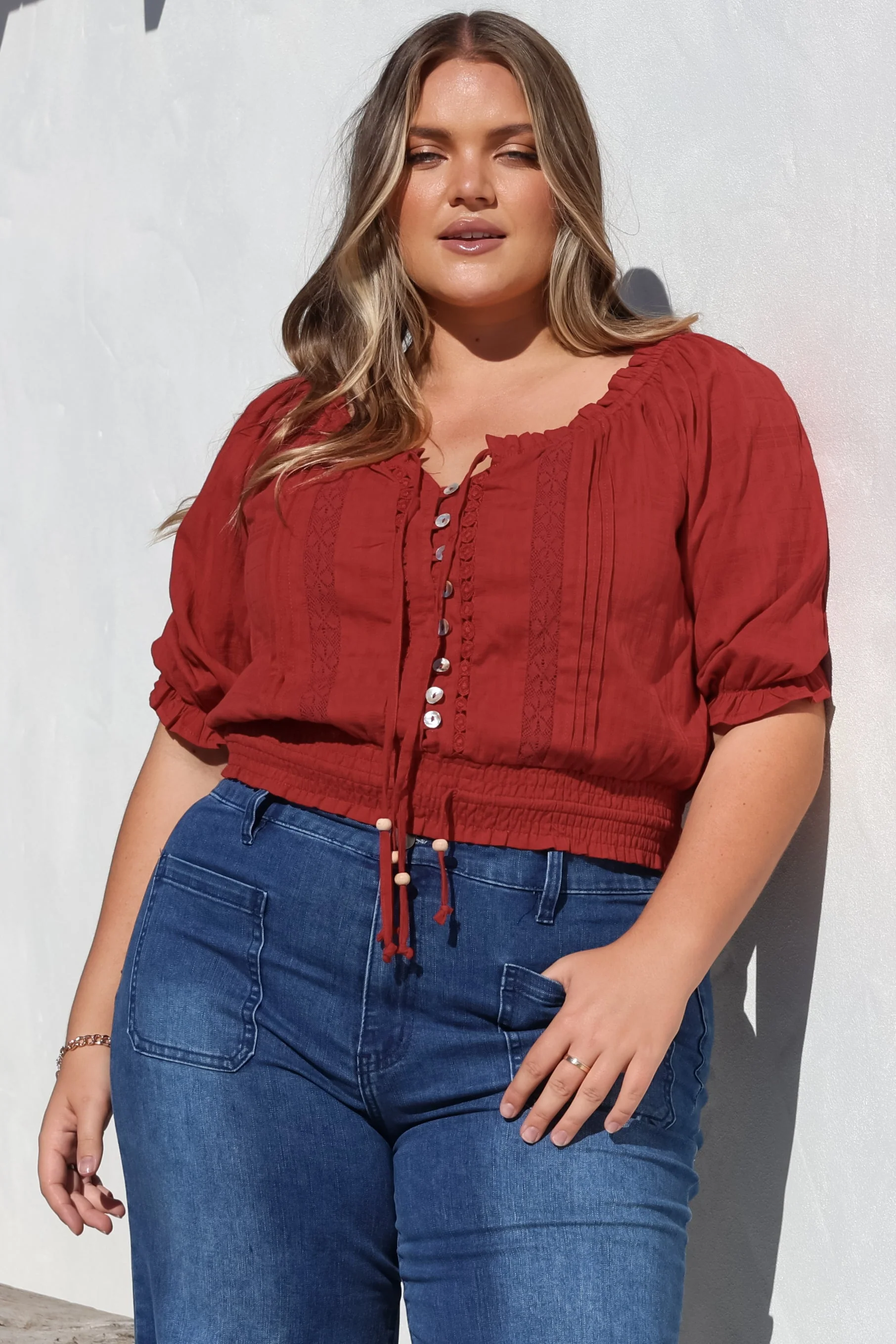 Nadiya Crop - Adjustable Neck and Hemline Crop with Pleating Details in Rust - Image 7