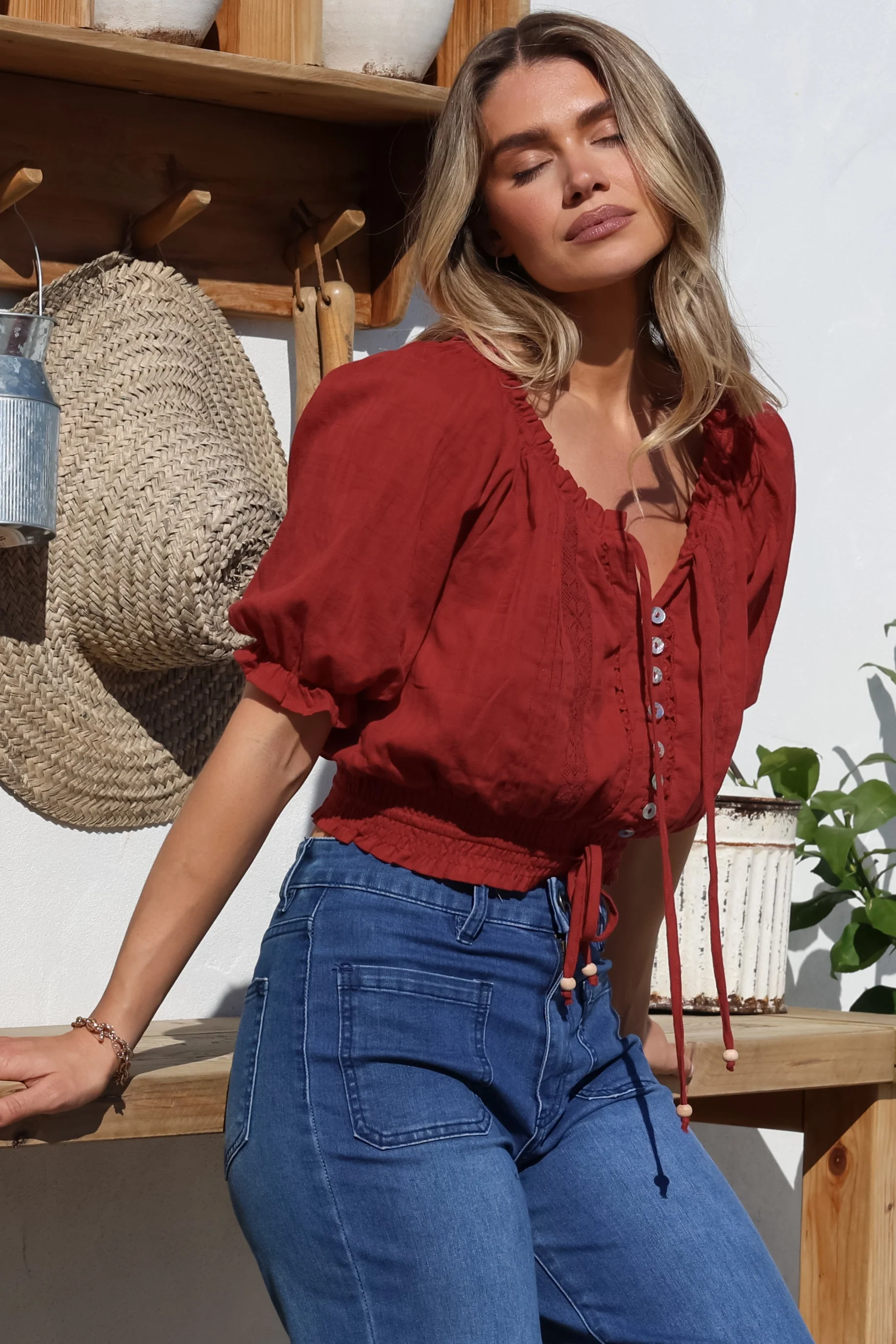 Nadiya Crop - Adjustable Neck and Hemline Crop with Pleating Details in Rust - Image 8