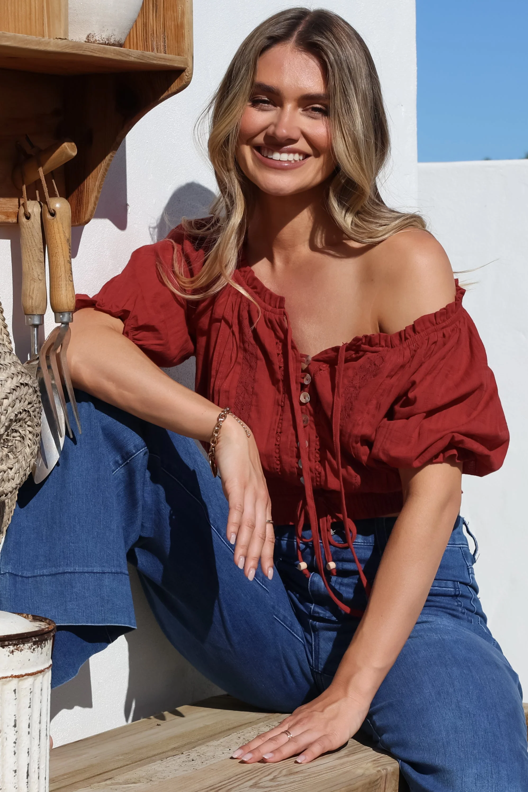 Nadiya Crop - Adjustable Neck and Hemline Crop with Pleating Details in Rust - Image 9