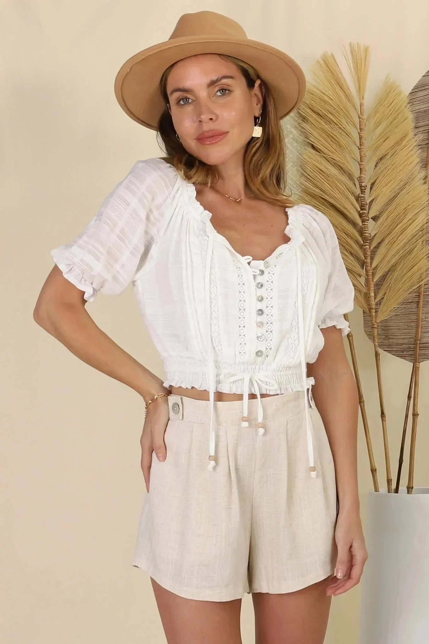 Nadiya Crop - Adjustable Neck and Hemline Crop Top with Pleating Details in White - Image 3