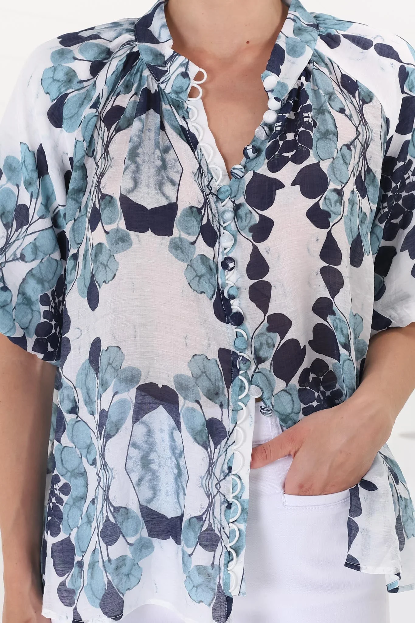 Natalia Blouse - Button Down Mandarin Collar Shirt in Calea Blue Print - Image 4