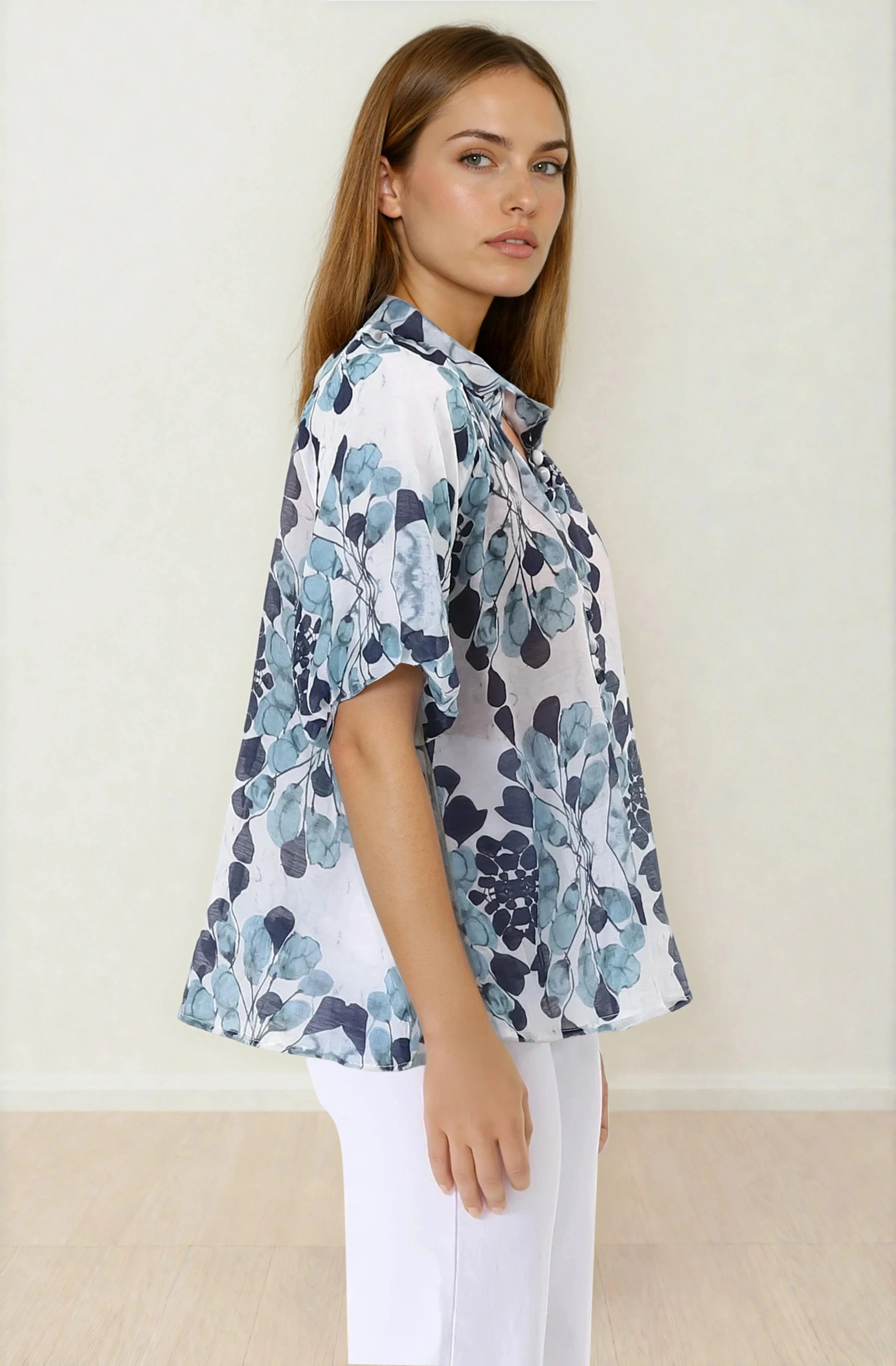 Natalia Blouse - Button Down Mandarin Collar Shirt in Calea Blue Print - Image 6