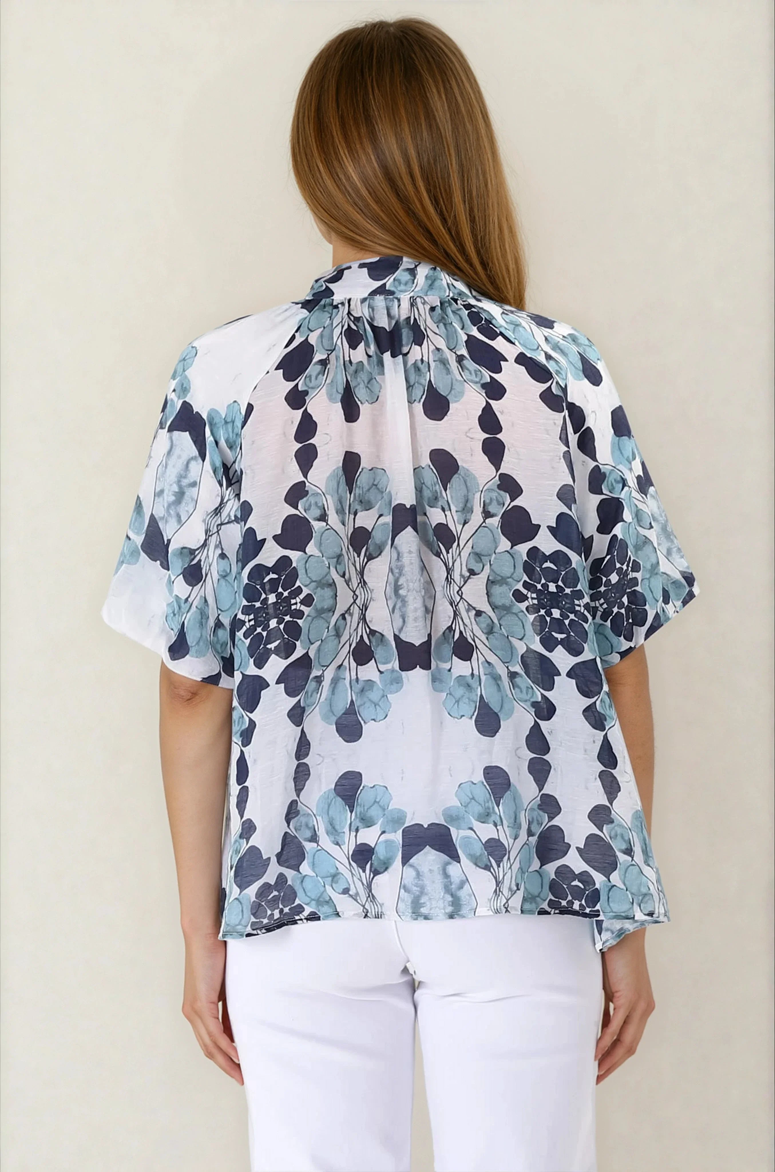 Natalia Blouse - Button Down Mandarin Collar Shirt in Calea Blue Print - Image 8