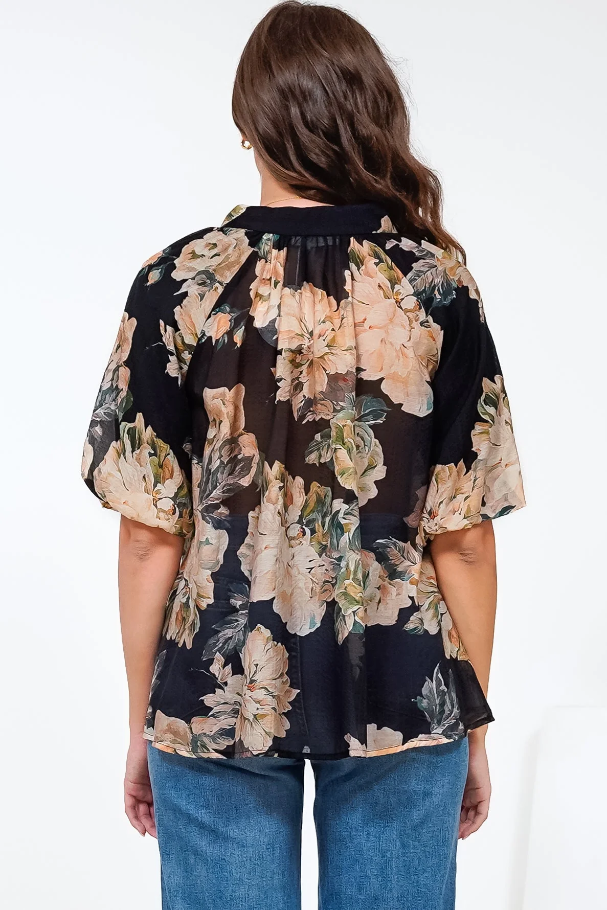 Natalia Blouse - Button Down Mandarin Collar Shirt in Kirah Print Black - Image 10