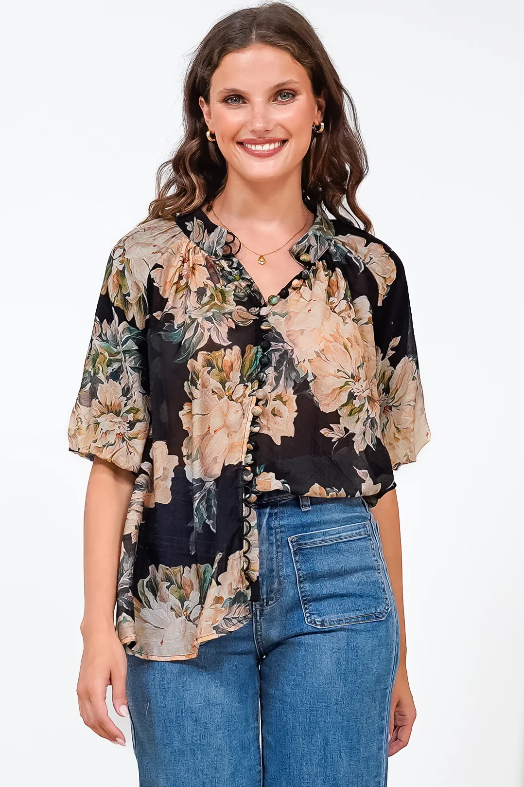 Natalia Blouse - Button Down Mandarin Collar Shirt in Kirah Print Black - Image 2