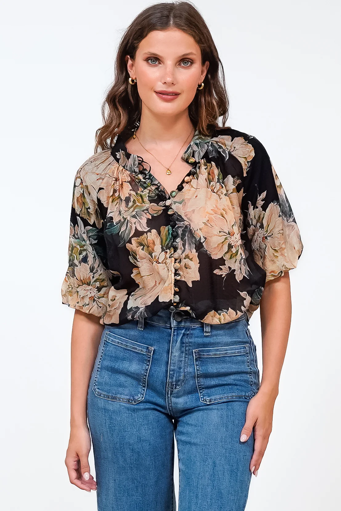 Natalia Blouse - Button Down Mandarin Collar Shirt in Kirah Print Black - Image 4