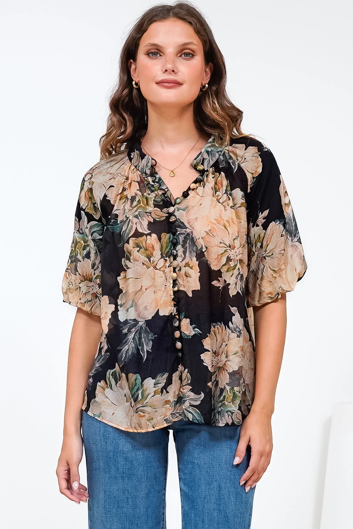 Natalia Blouse - Button Down Mandarin Collar Shirt in Kirah Print Black - Image 5