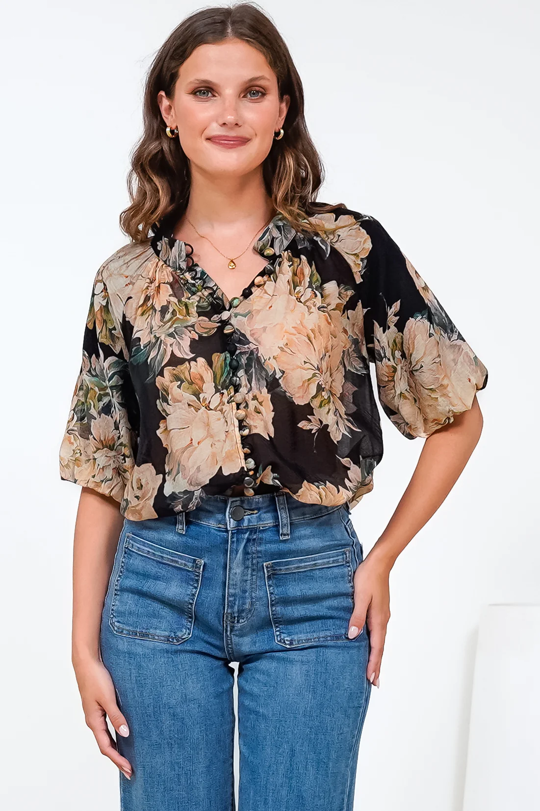 Natalia Blouse - Button Down Mandarin Collar Shirt in Kirah Print Black - Image 6