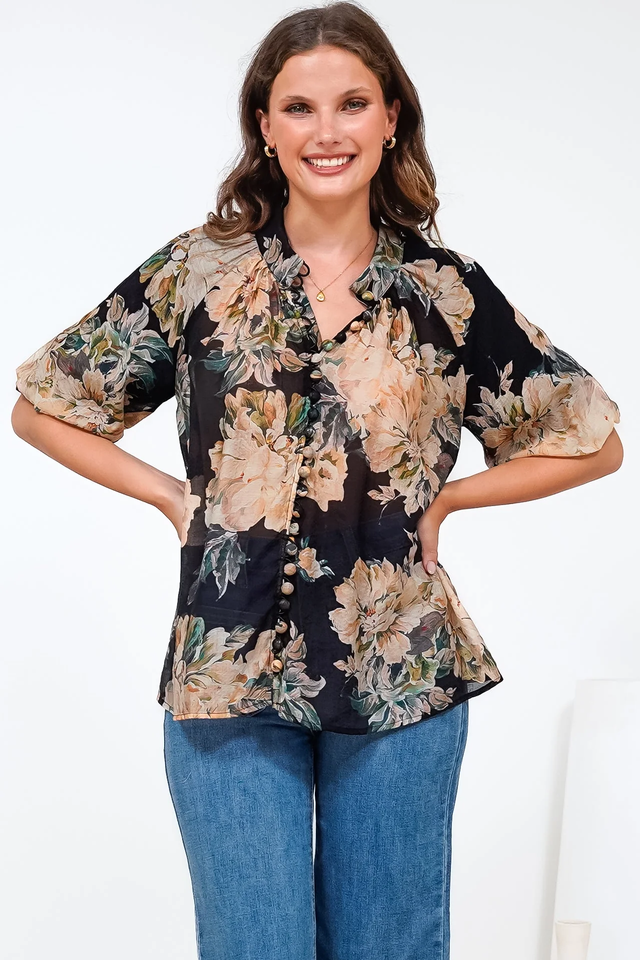 Natalia Blouse - Button Down Mandarin Collar Shirt in Kirah Print Black - Image 7