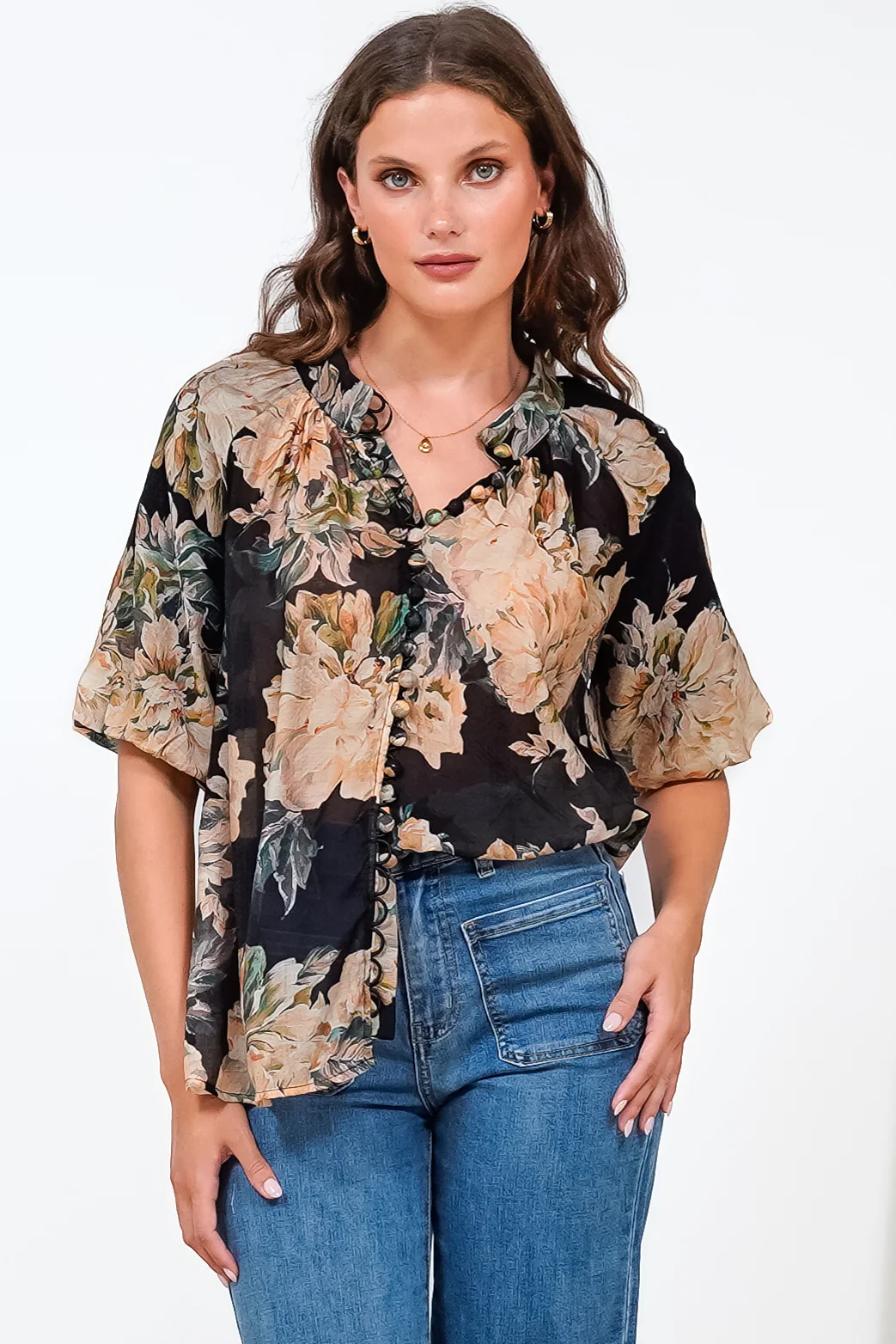 Natalia Blouse - Button Down Mandarin Collar Shirt in Kirah Print Black - Image 8