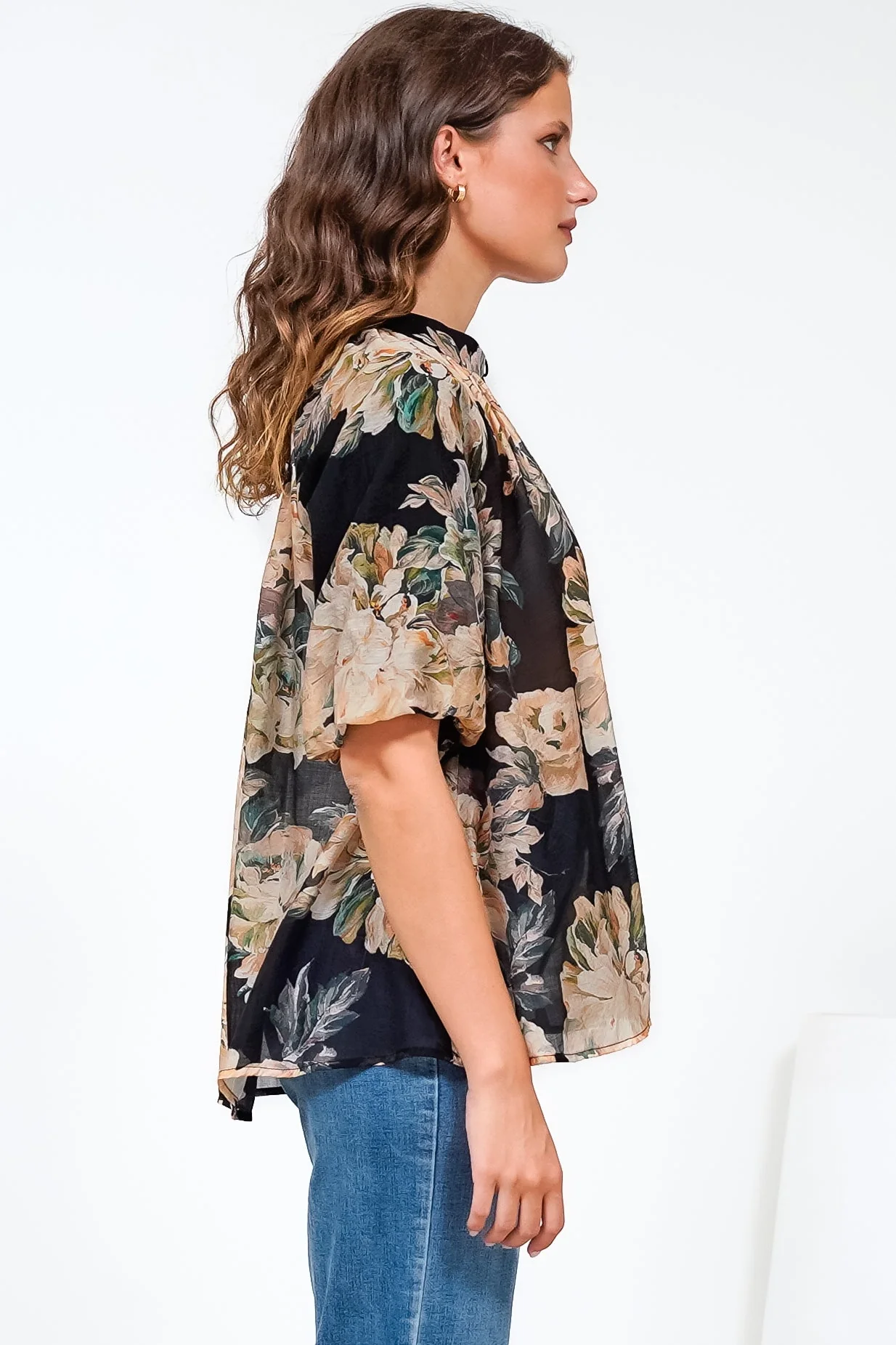 Natalia Blouse - Button Down Mandarin Collar Shirt in Kirah Print Black - Image 9